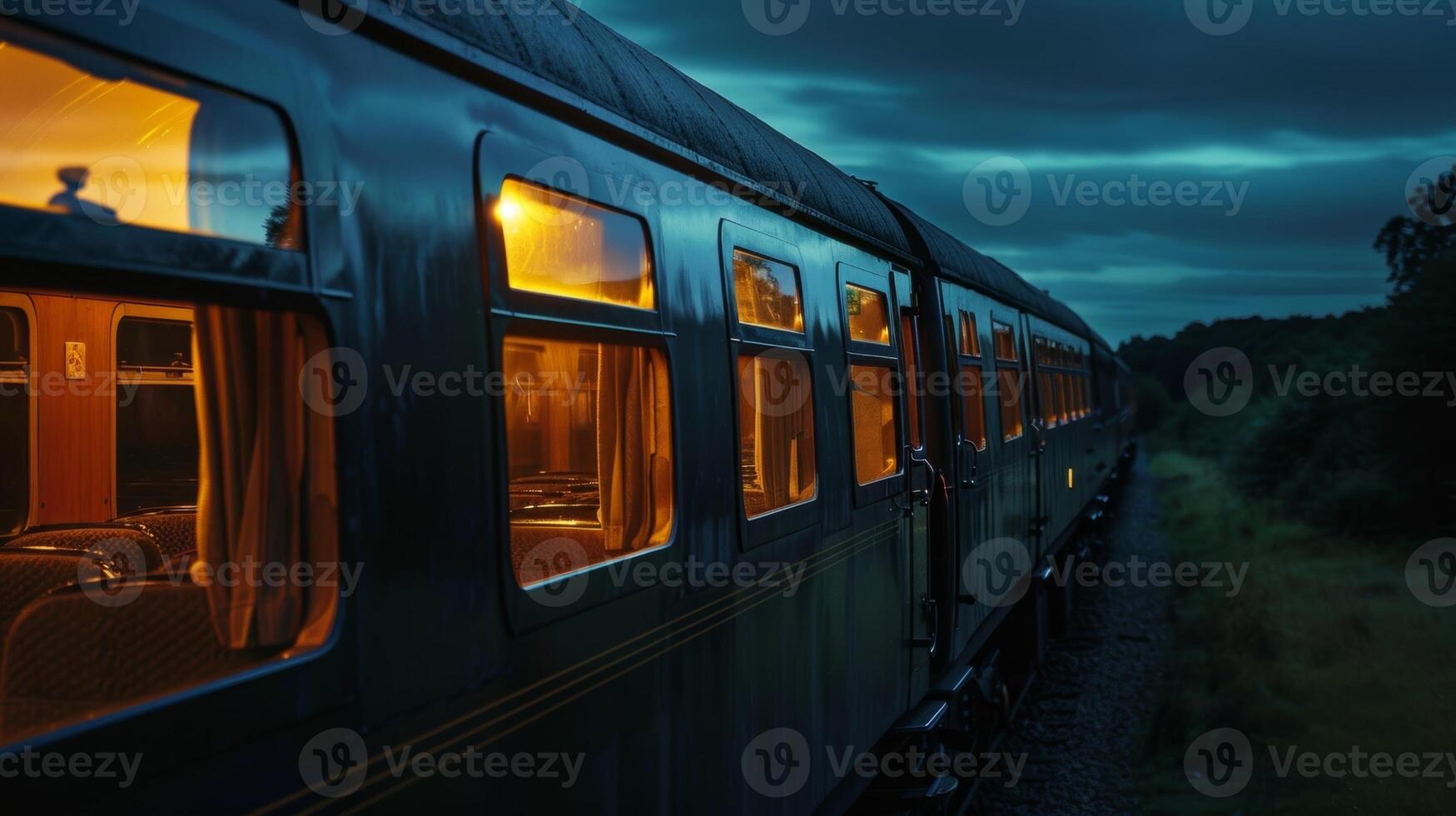 With a gentle sway the train moved steadily through the darkened countryside its glowing windows a beacon of light in the night photo