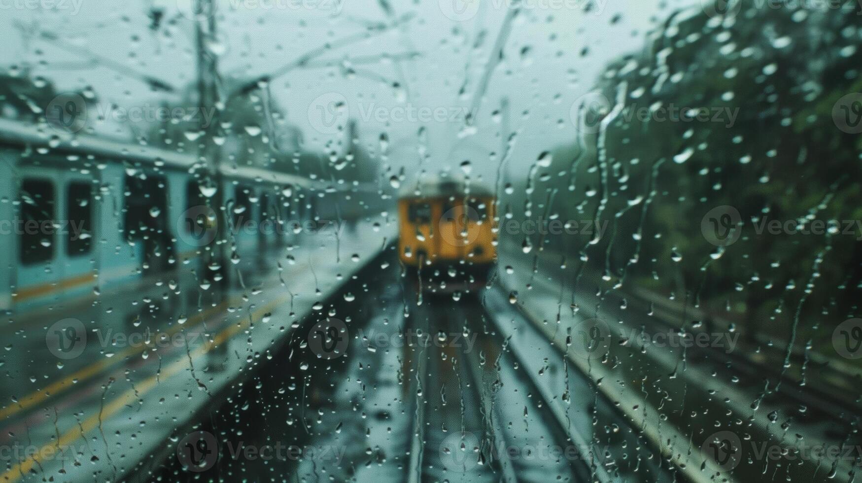 A sudden downpour of rain creating a rhythmic beat on the trains roof photo