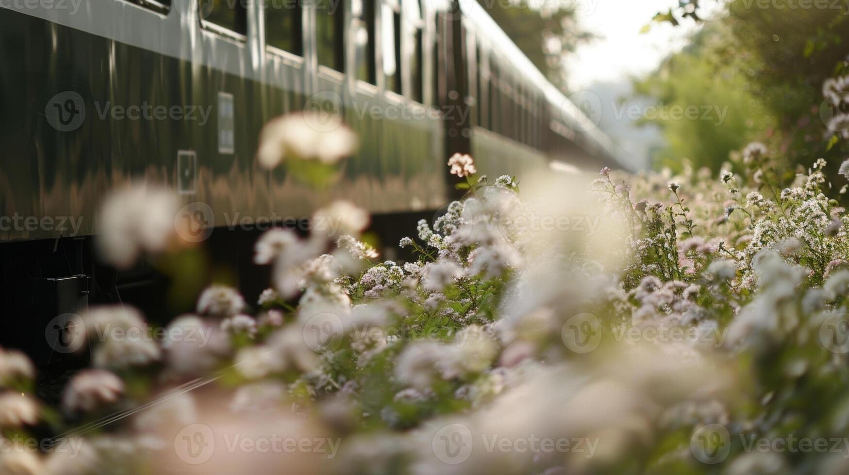 The trains metallic exterior stands out amidst the soft delicate petals of the flowers photo