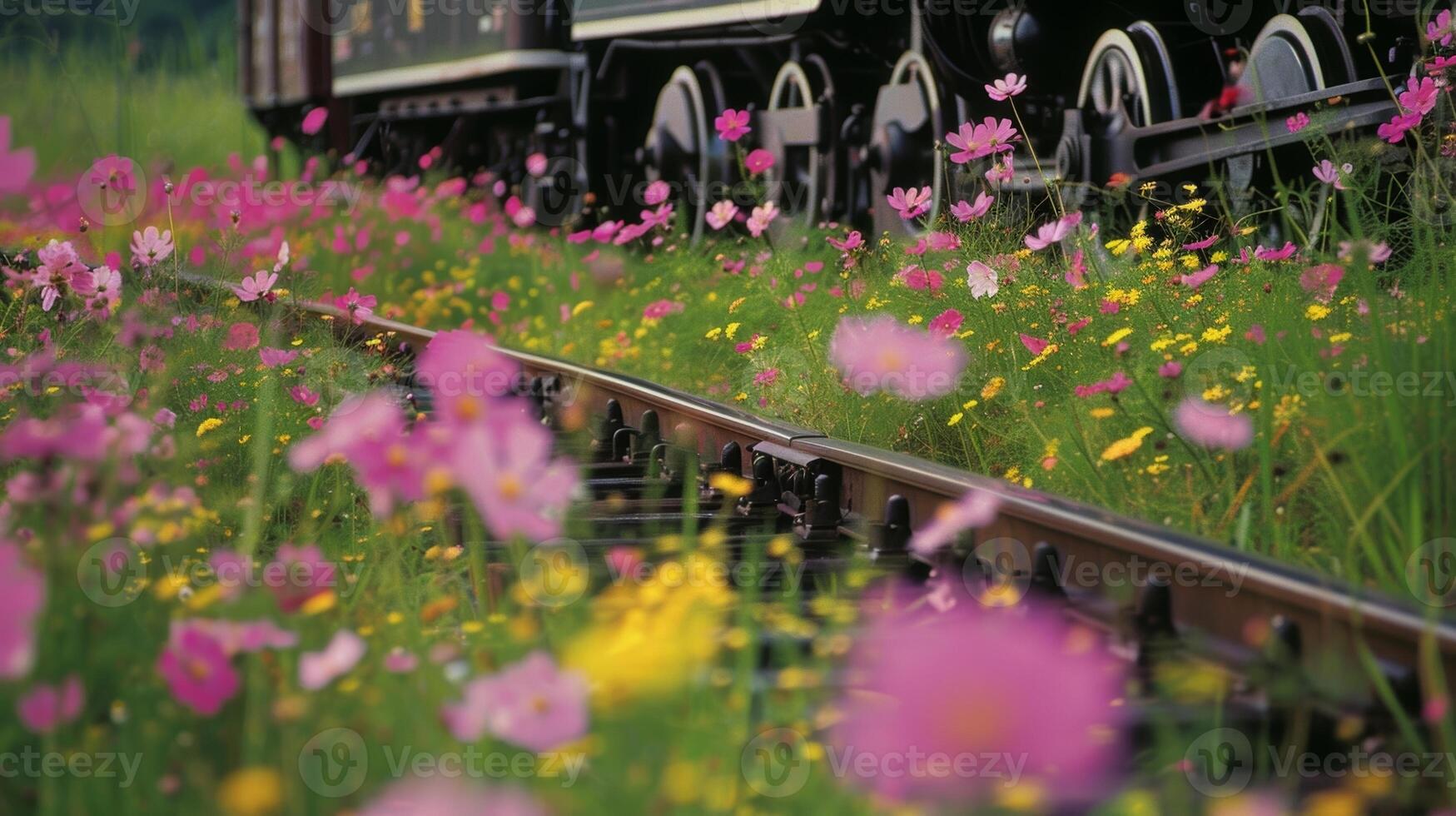 The trains wheels roll through fields of blooming flowers leaving a whimsical trail photo