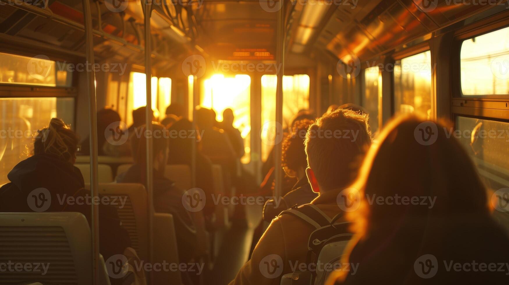 The morning sun streams through the windows casting a warm glow on the commuters as they settle into their seats photo