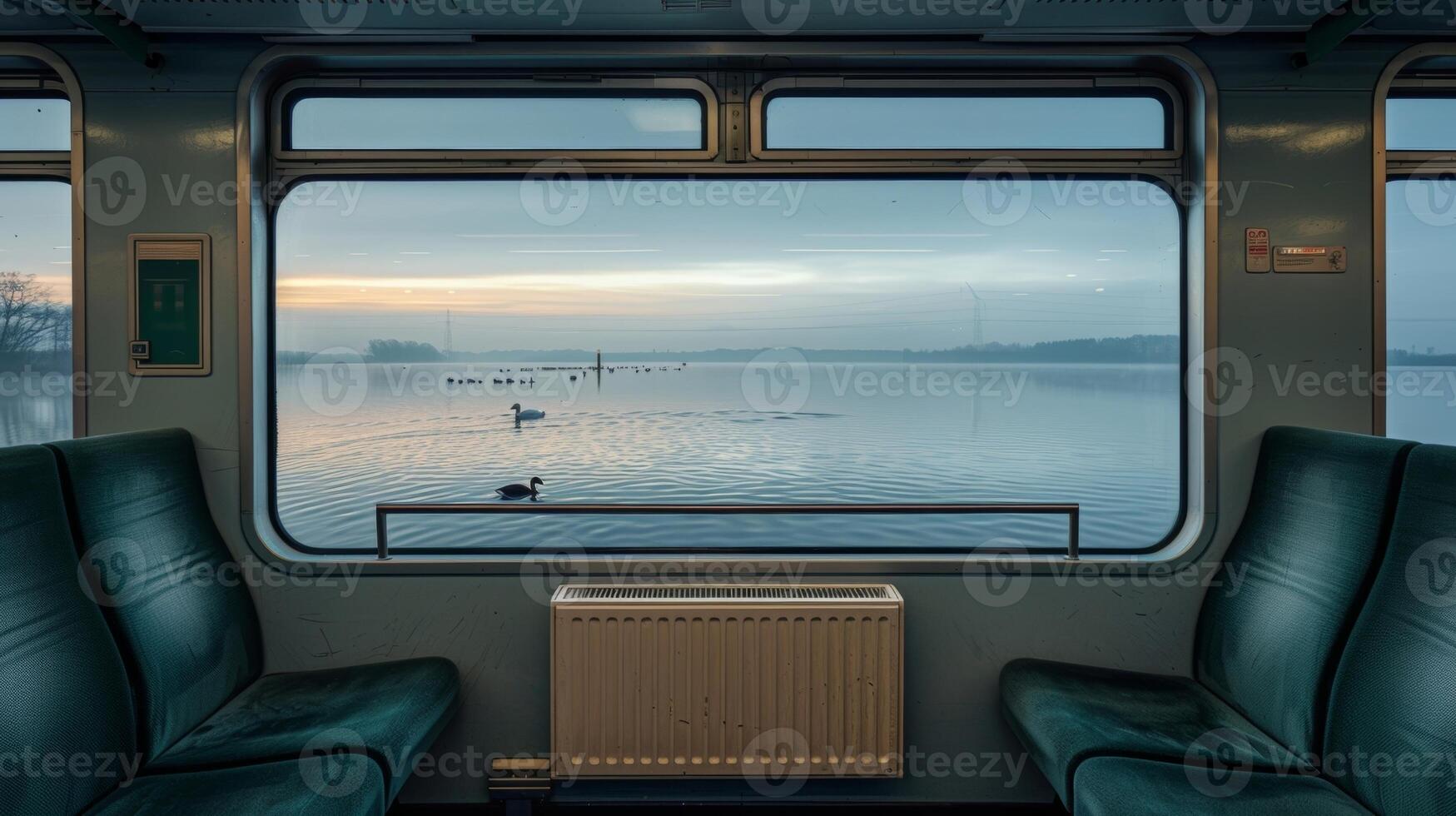Ducks and swans floated gracefully on the calm waters undisturbed by the passing train photo