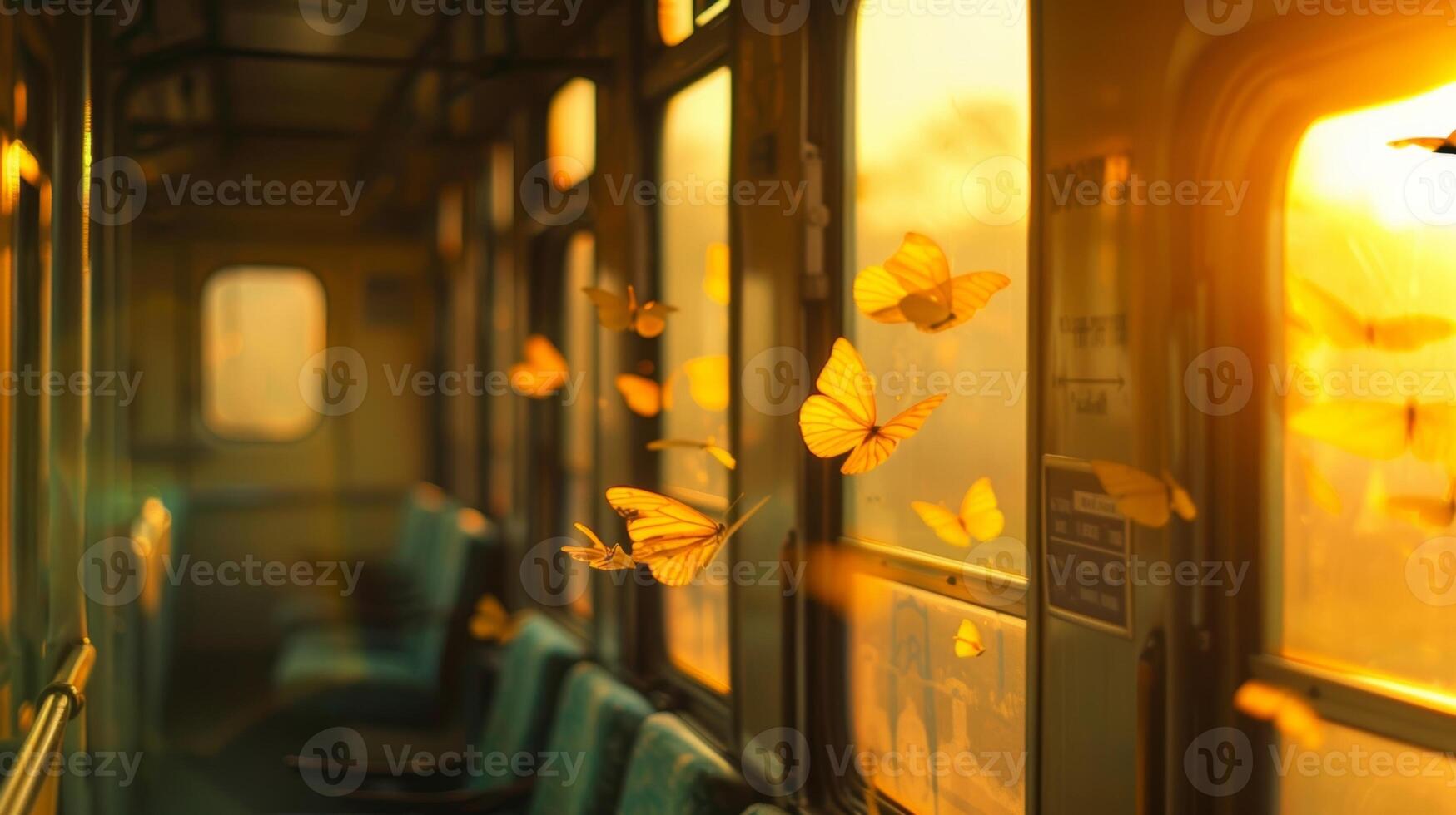 Butterflies fluttered in the morning light accompanying the train on its journey through the sunrise photo