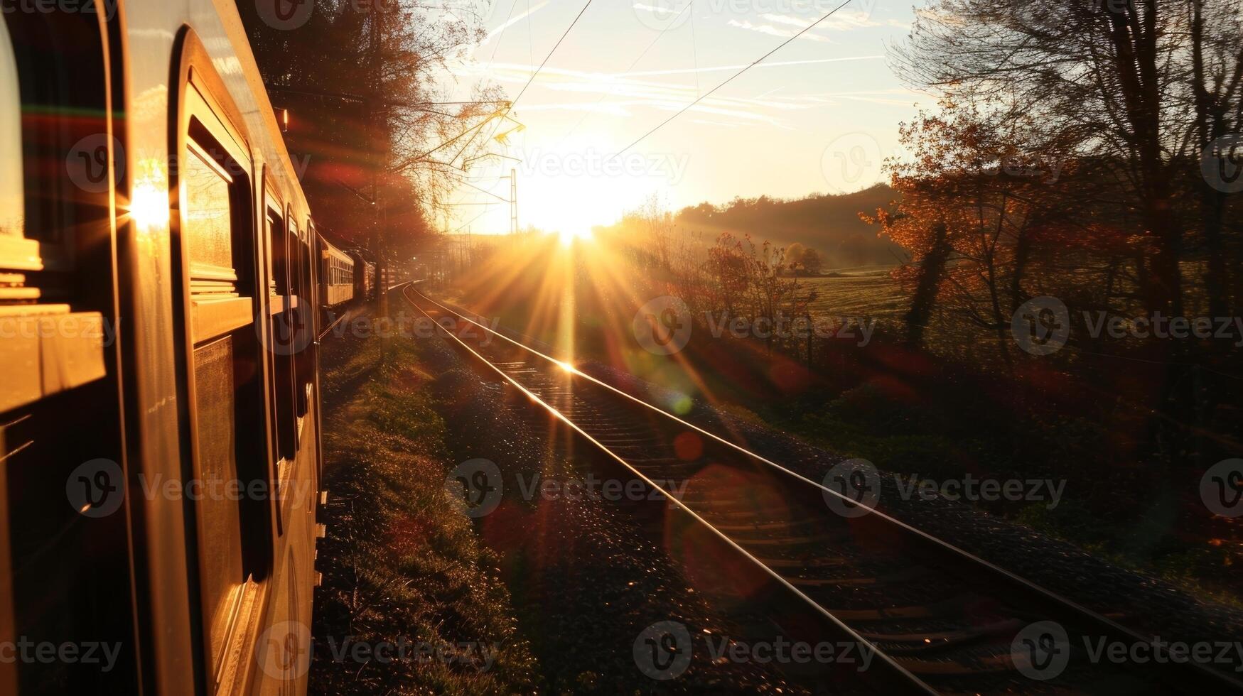The suns rays peeked through the trees and hills creating a whimsical atmosphere for the trains passengers photo