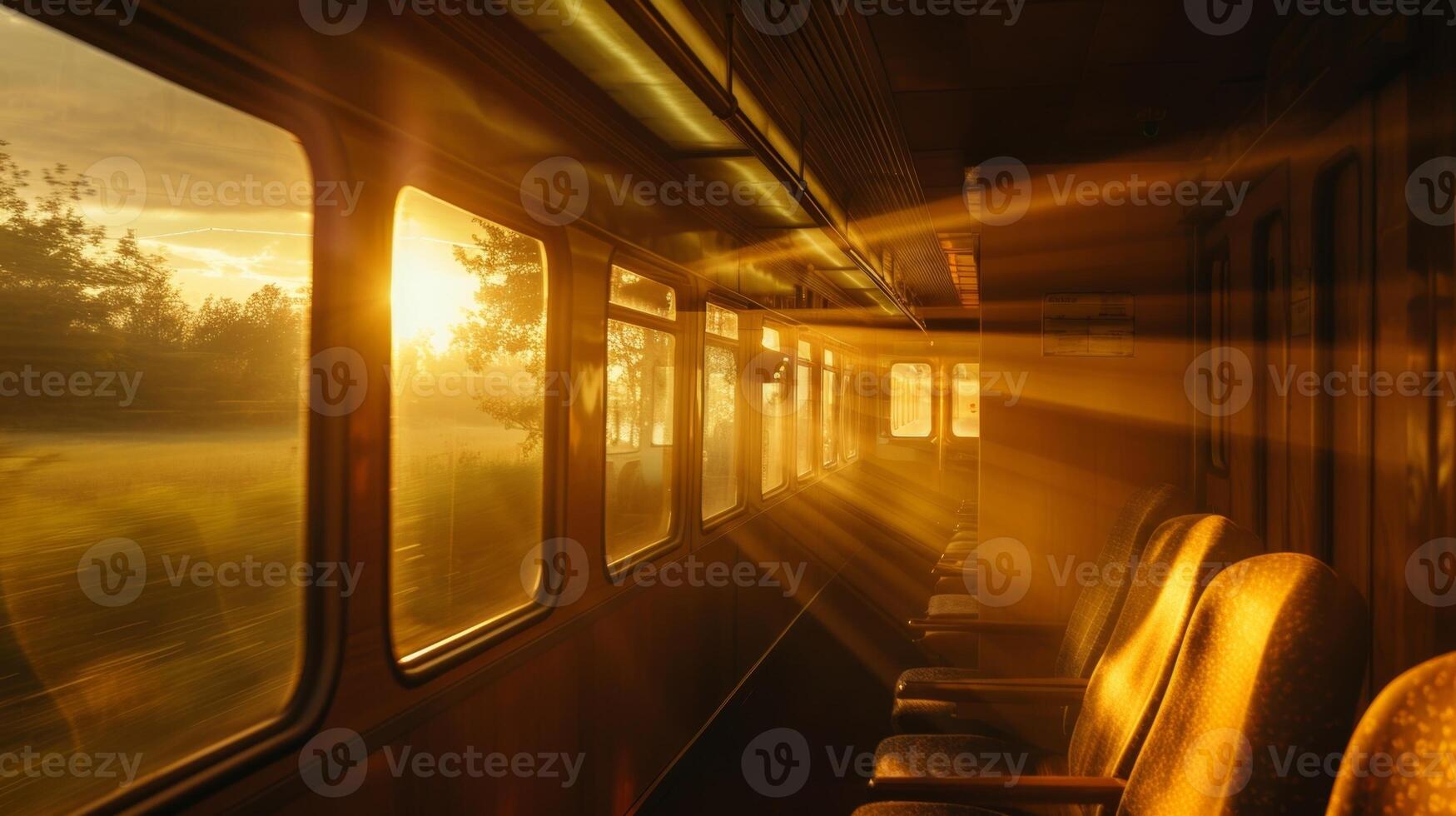 The golden hour casts a beautiful light on the train as it continues on its journey through the dusky landscape photo
