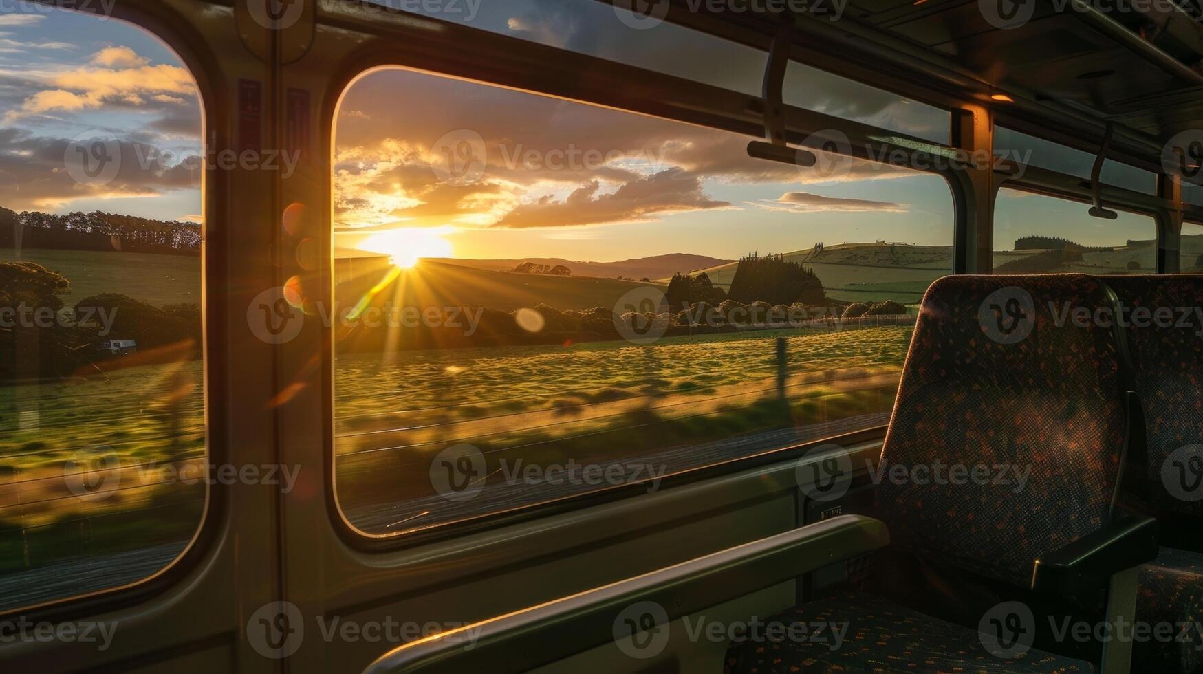 As the sun sets behind the rolling hills the train journey through the countryside comes to a peaceful and satisfying end photo