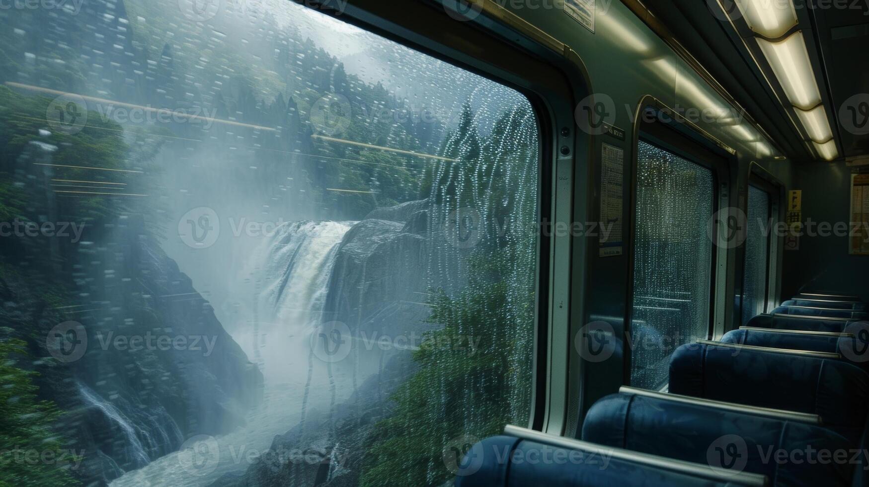The mist from crashing waterfalls splashes onto the trains windows as it passes by photo