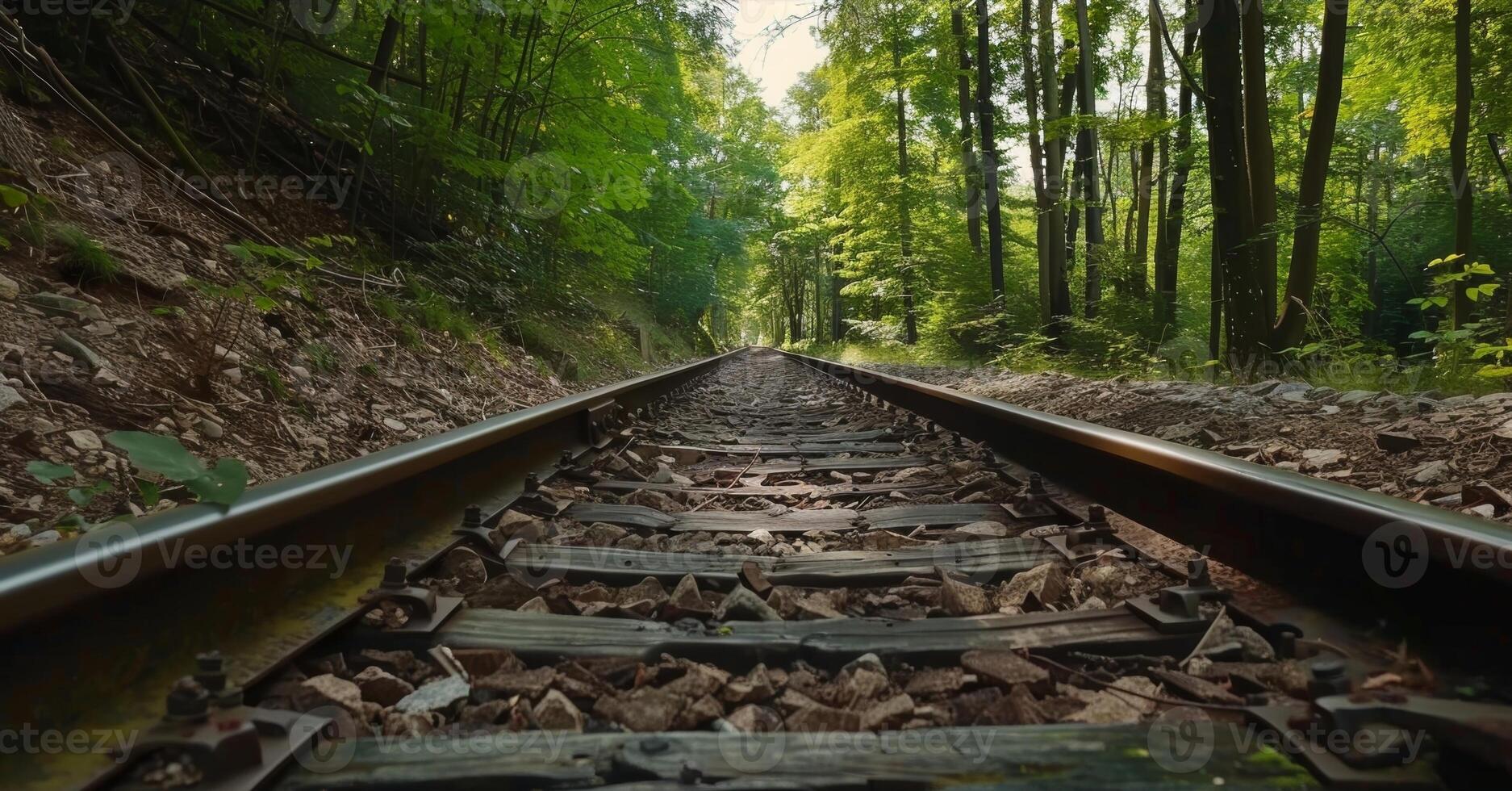 The trains wheels clack against the tracks creating a soothing melody that harmonizes with the forest sounds photo