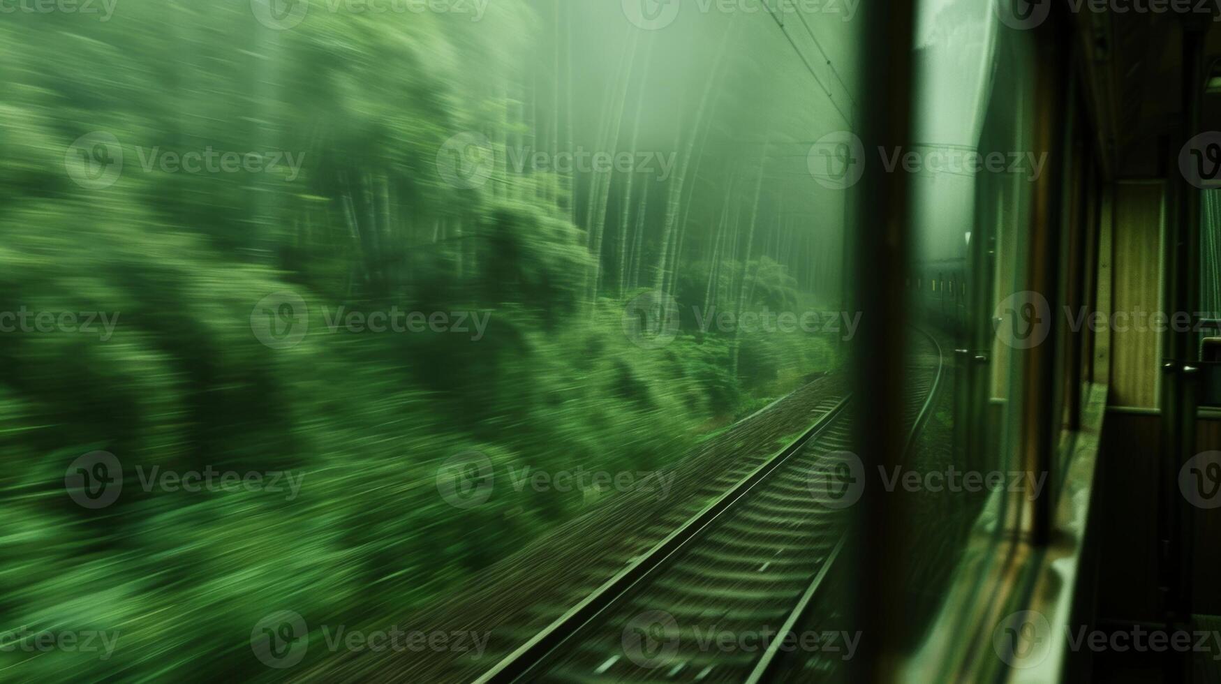 As the train speeds up the bamboo blurs into a green haze outside the window photo