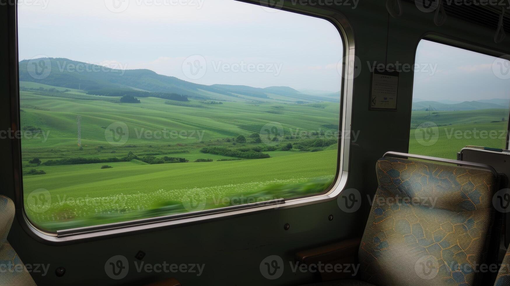 The view from the train window was filled with endless rows of rolling hills like a green carpet spread out for miles photo