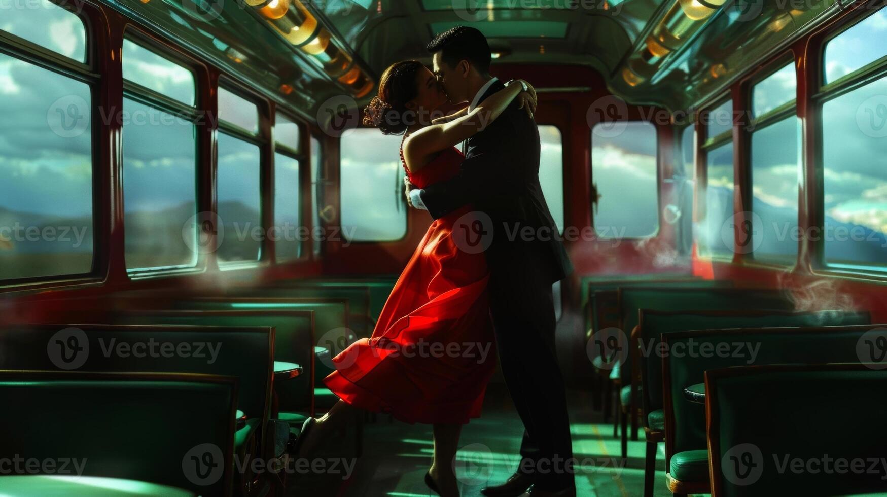 A pair of dancers elegantly glide through the train performing a beautiful tango that captivates the attention of passengers photo