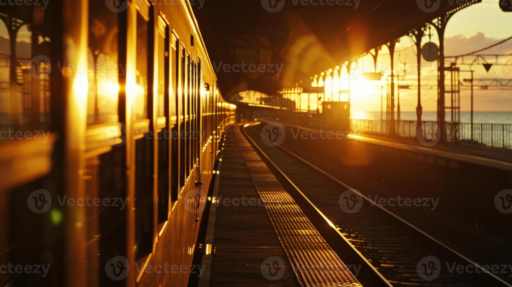 As the sun sets the train station takes on a magical quality with golden light reflecting off the sea photo