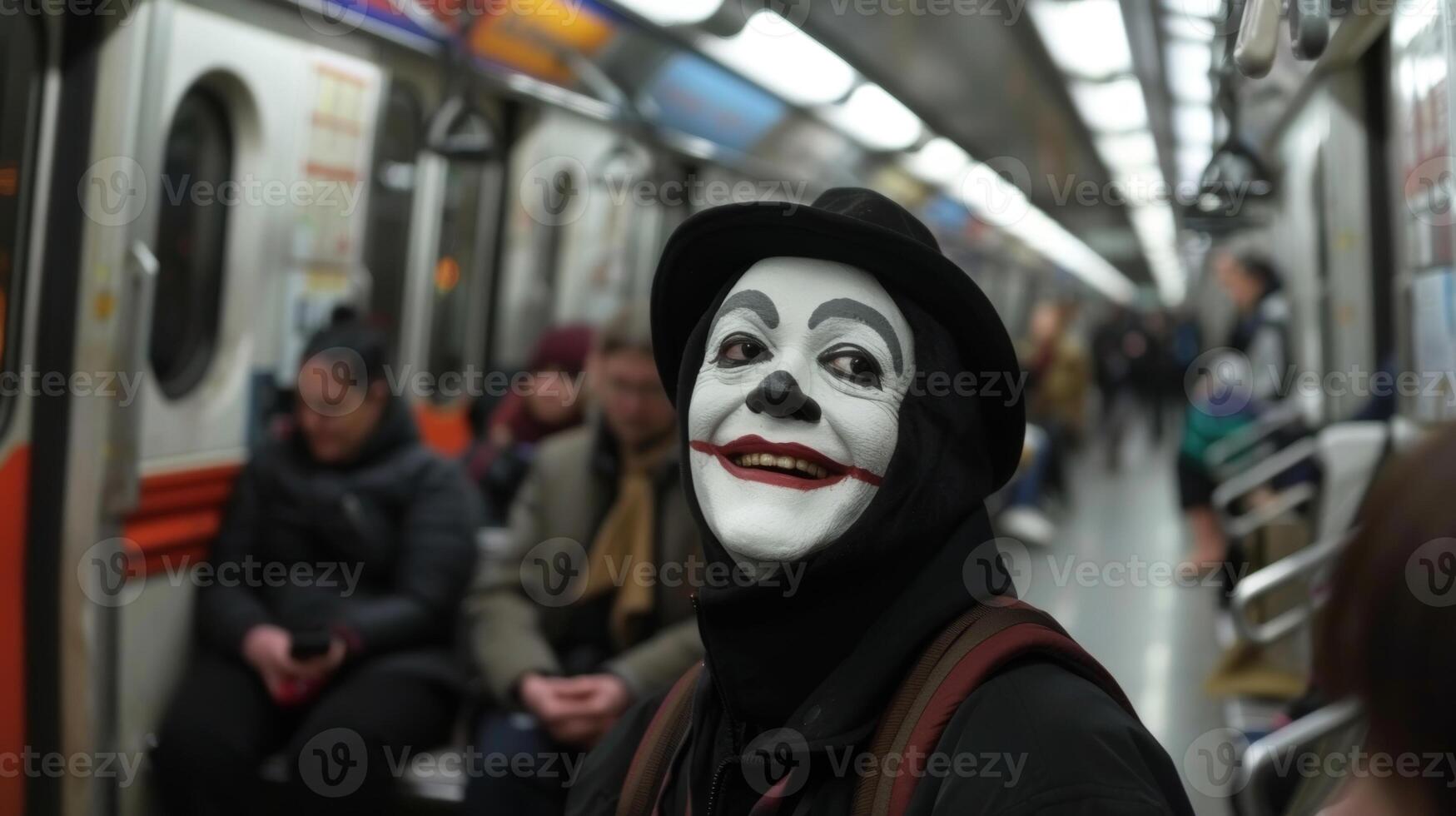 Passengers are captivated by a mime artist his silent performance leaving them in fits of laughter and admiration photo