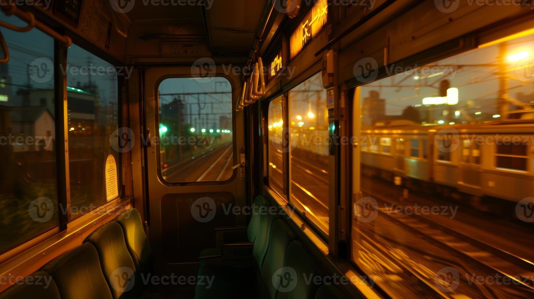 As evening descended the village lights led in the distance as the train sped by photo