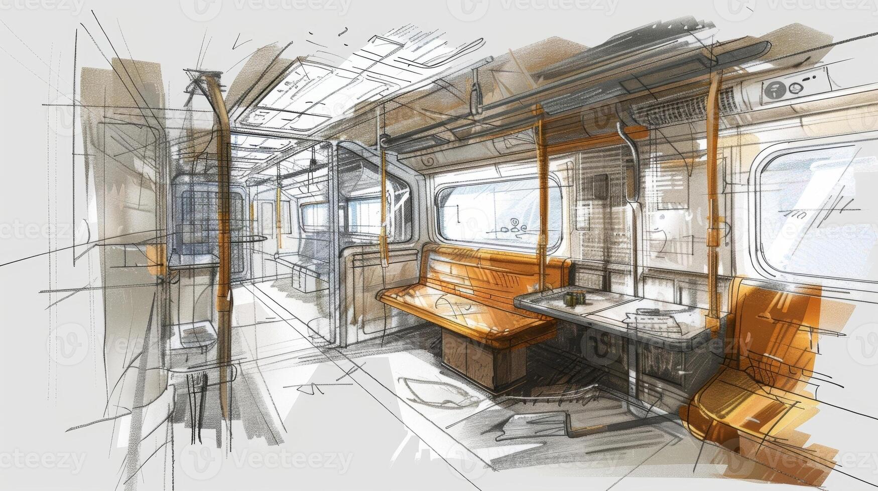 A detailed sketch of the trains cabin complete with annotations and notes on the amenities provided photo