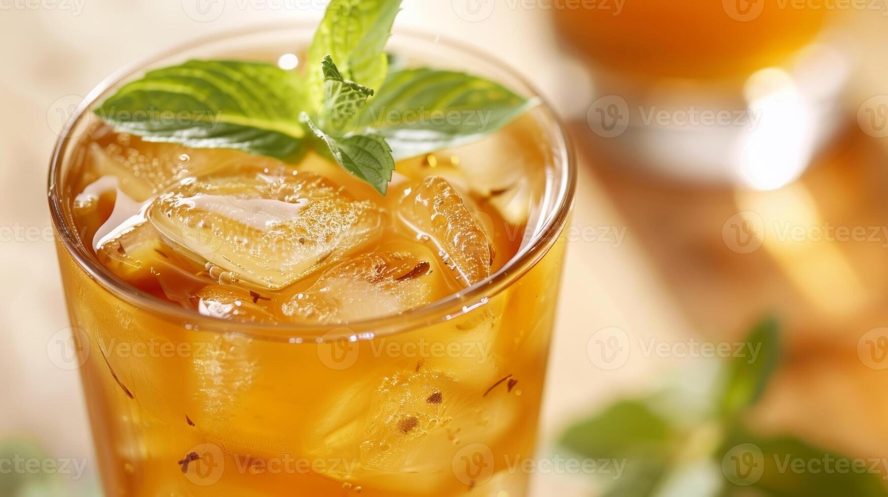 A refreshing glass of iced lemon verbena tea lightly sweetened with honey and served with a sprig of mint photo