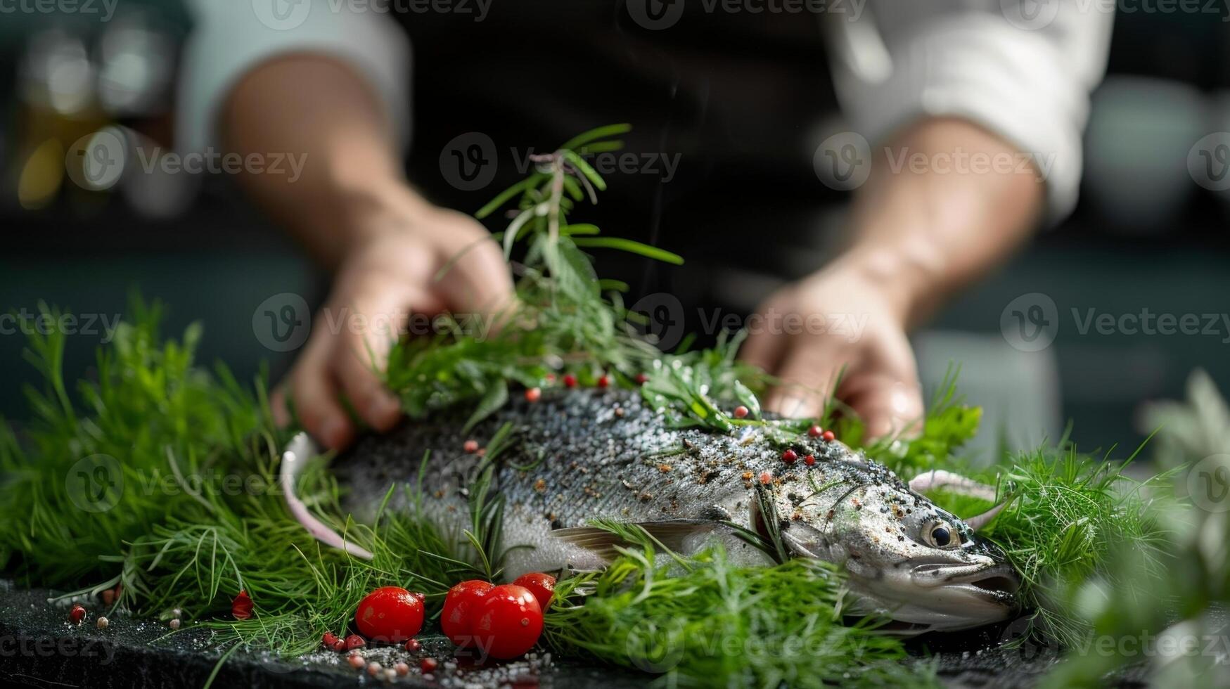 A chef demonstrating how to fillet and cook a whole fish on a bed of greenery and herbs photo