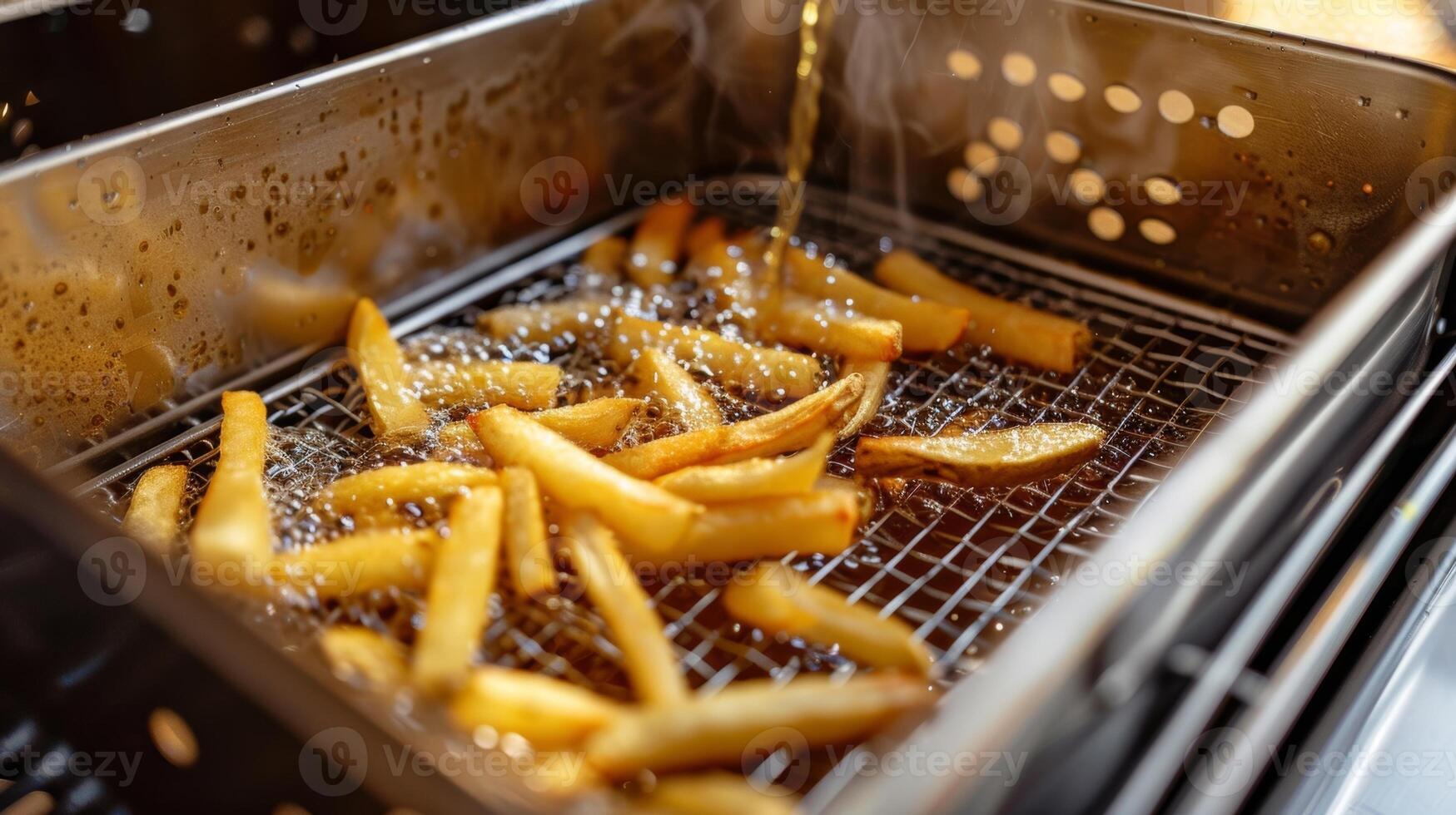 In a deep fryer avocado oil is heated to a high temperature creating crispy and golden french fries photo