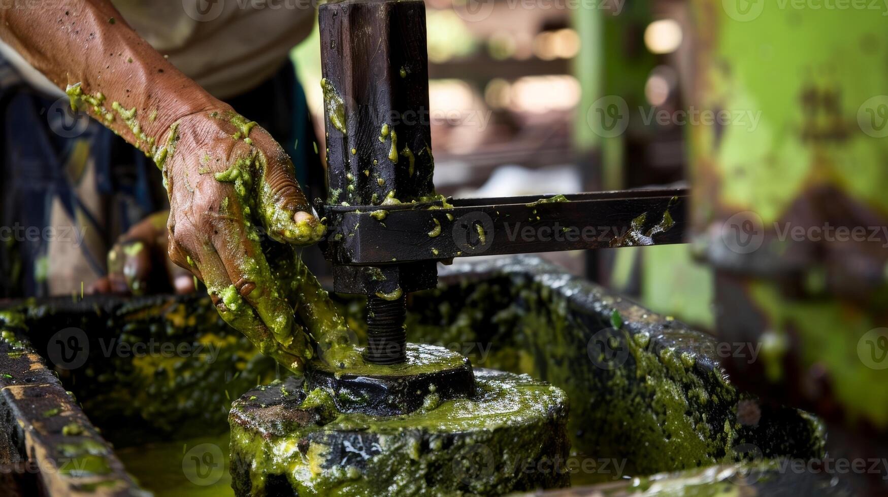 A handoperated press being used to extract oil from avocados following traditional ods photo