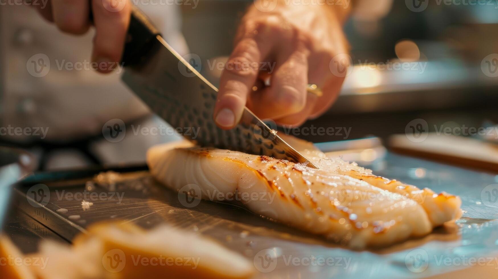 A chef carefully slicing through a perfectly cooked piece of white fish revealing the flaky delicate texture inside photo
