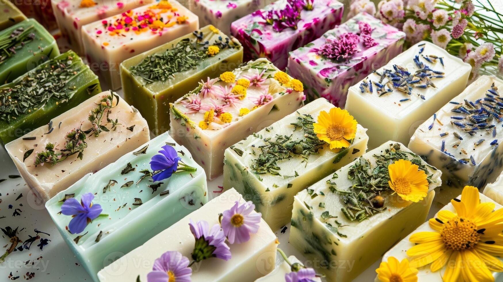 A batch of handmade soap bars each one infused with avocado oil and scented with natural herbs and flowers photo