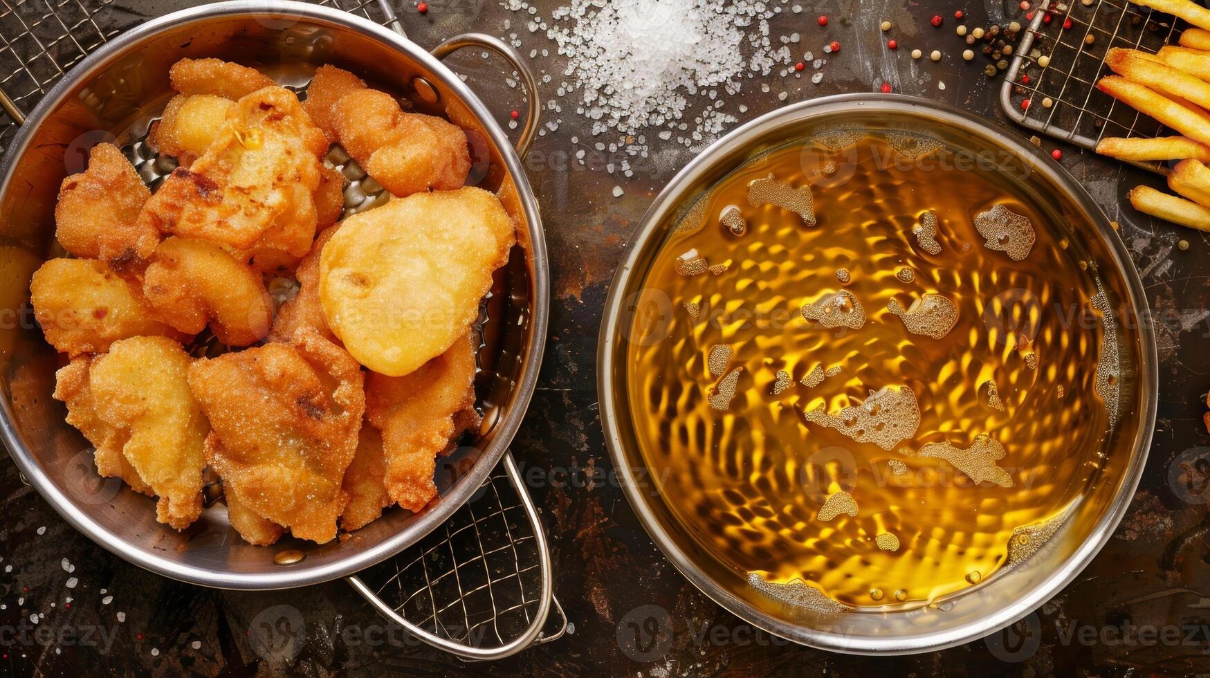 A before and after photo of fried foods cooked in traditional oils versus those cooked in high oleic acid oils emphasizing the reduced greasiness and improved taste