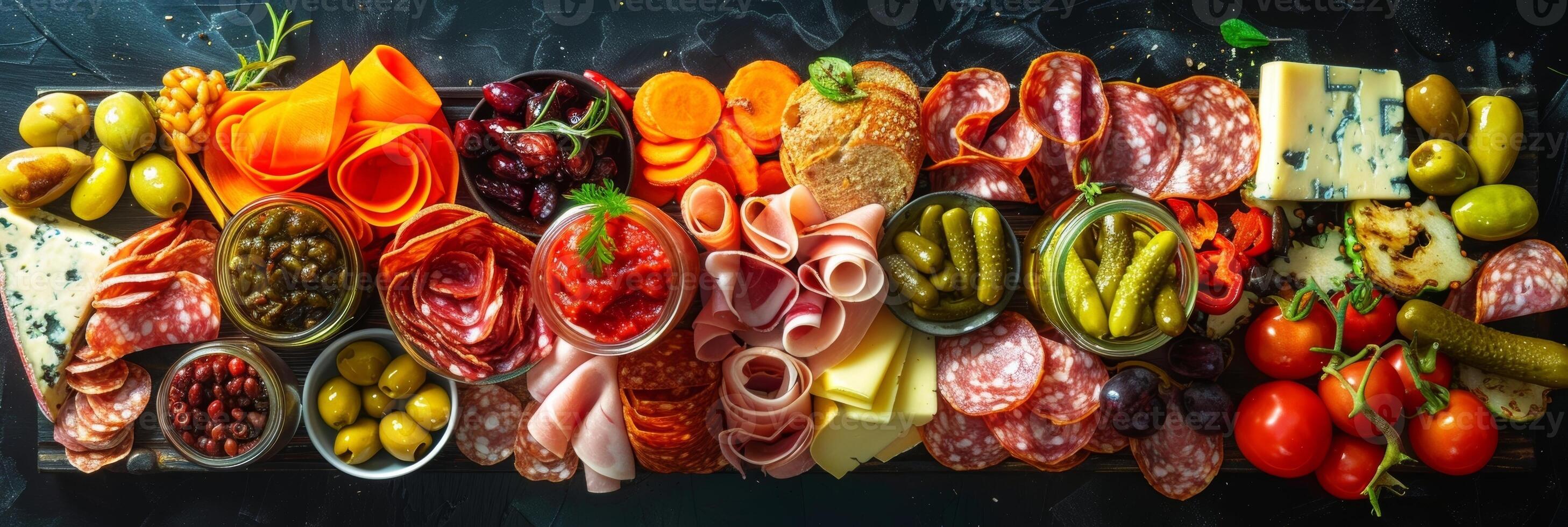 A vibrant charerie board filled with cured meats cheeses and highlighted by a jar of pickled vegetables preserved in avocado oil photo