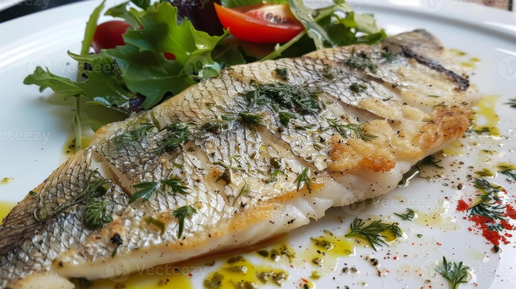 A delicate and buttery sea bass seasoned with foraged herbs and served with a side of sea lettuce salad photo