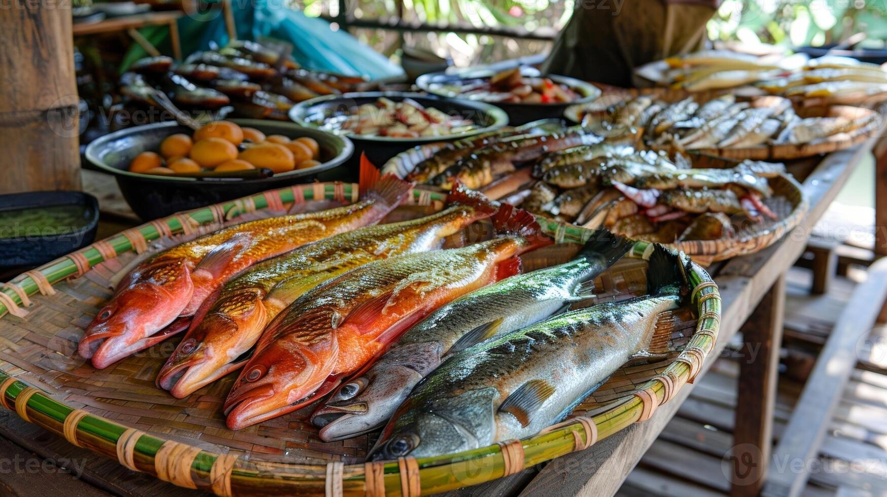 The table is adorned with a variety of shiny colorful fish fresh from the nearby river photo