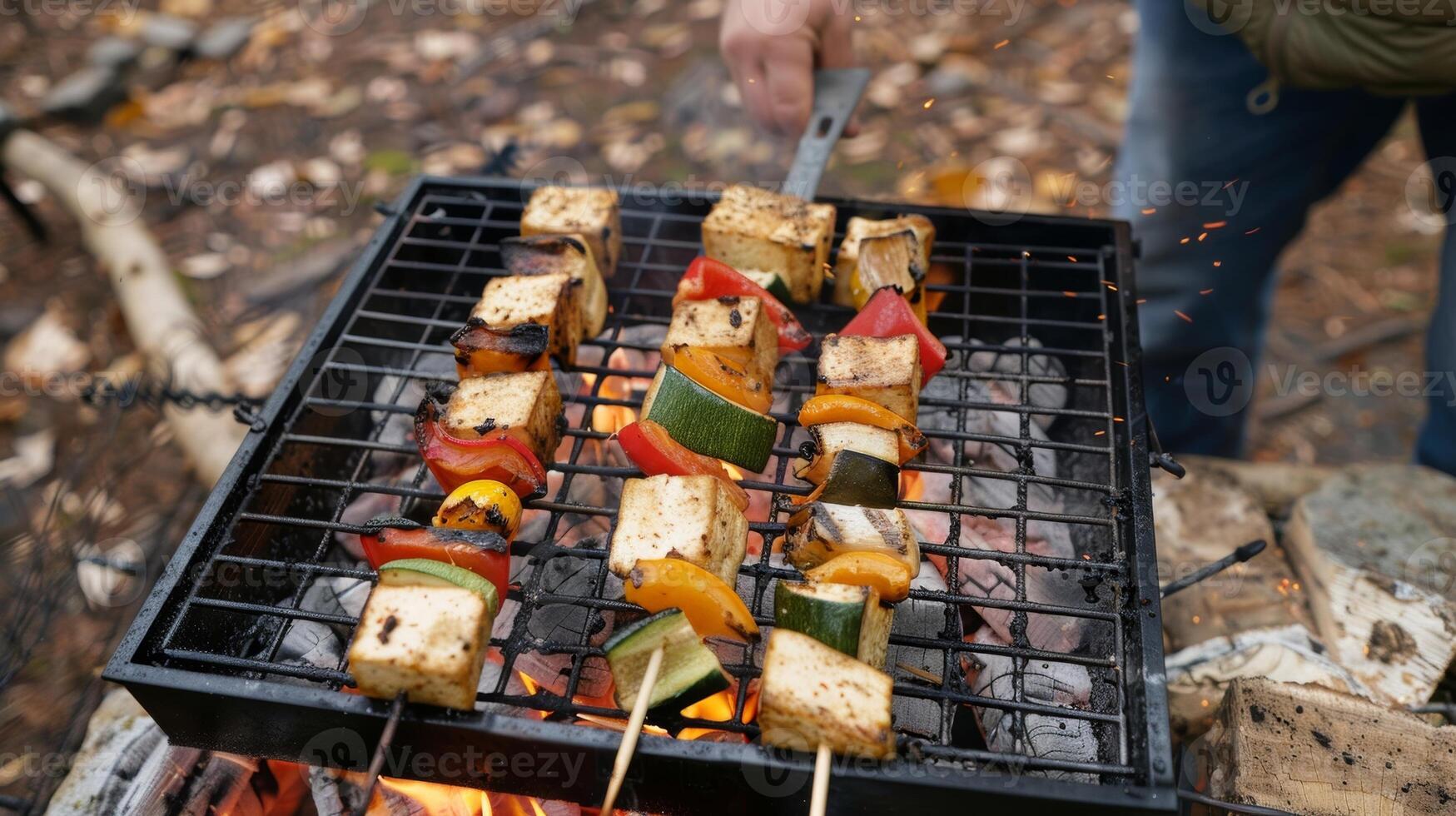A camper using a grilling basket to cook tofu and veggie kabobs over the open flames photo