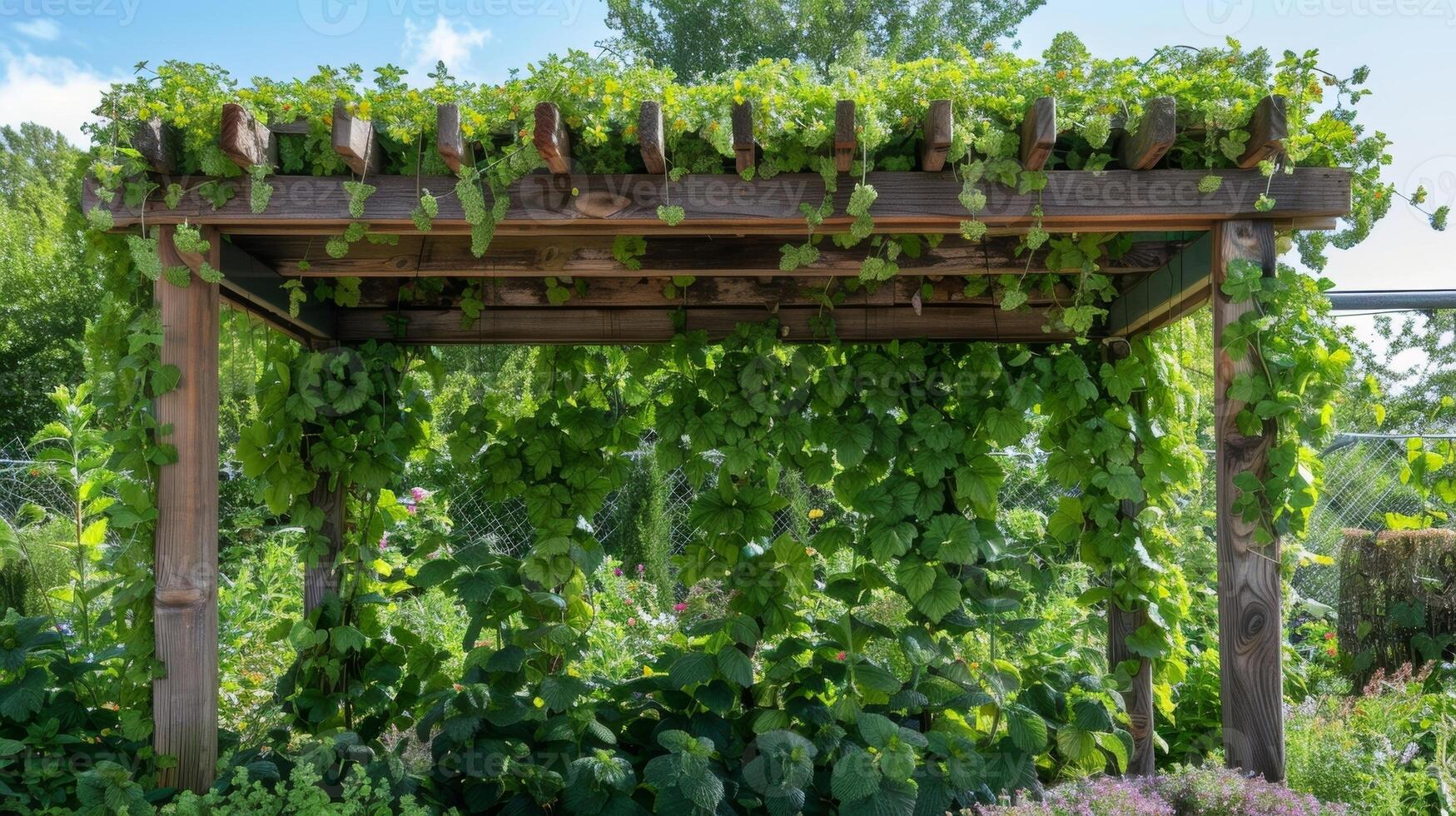 A beautiful wooden trellis covered in climbing mint and oregano plants photo