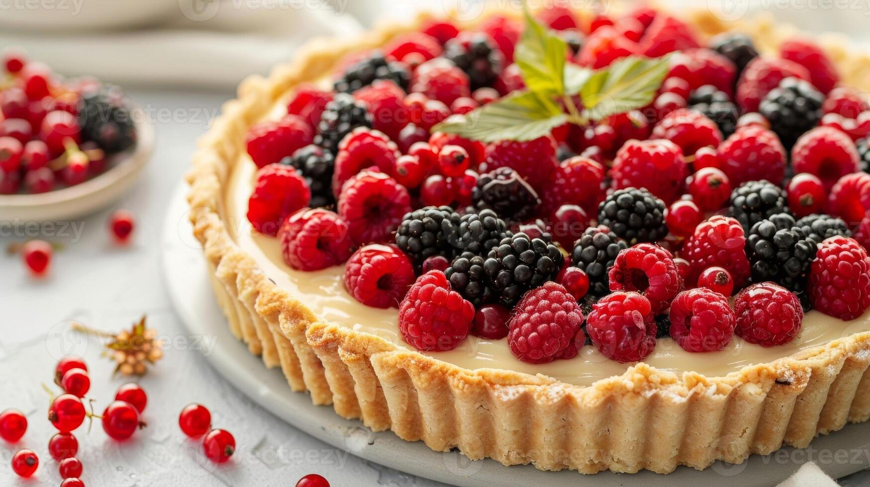 A tangy and refreshing tart filled with freshly picked foraged fruits from succulent wild raspberries to tart red currants and tangy blackberries photo