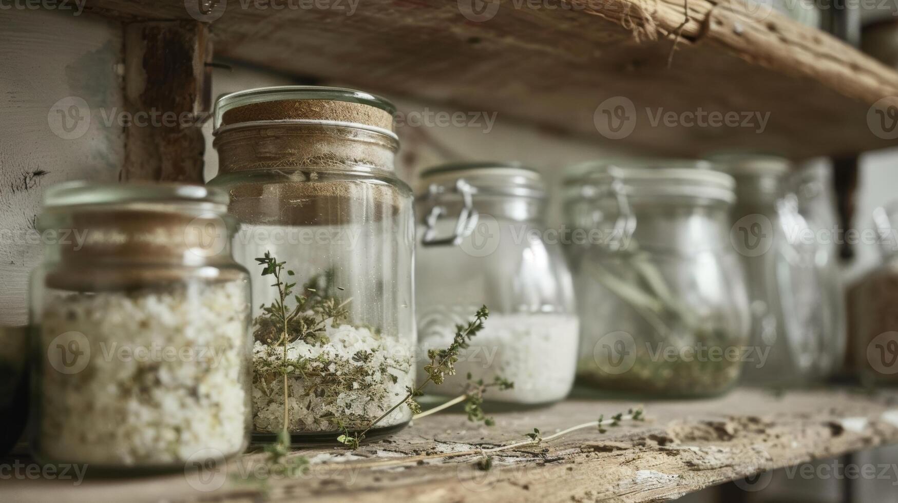 A glass jar filled with a mix of co salt and dried wild herbs sits on a rustic kitchen shelf lending a touch of nature to the space photo
