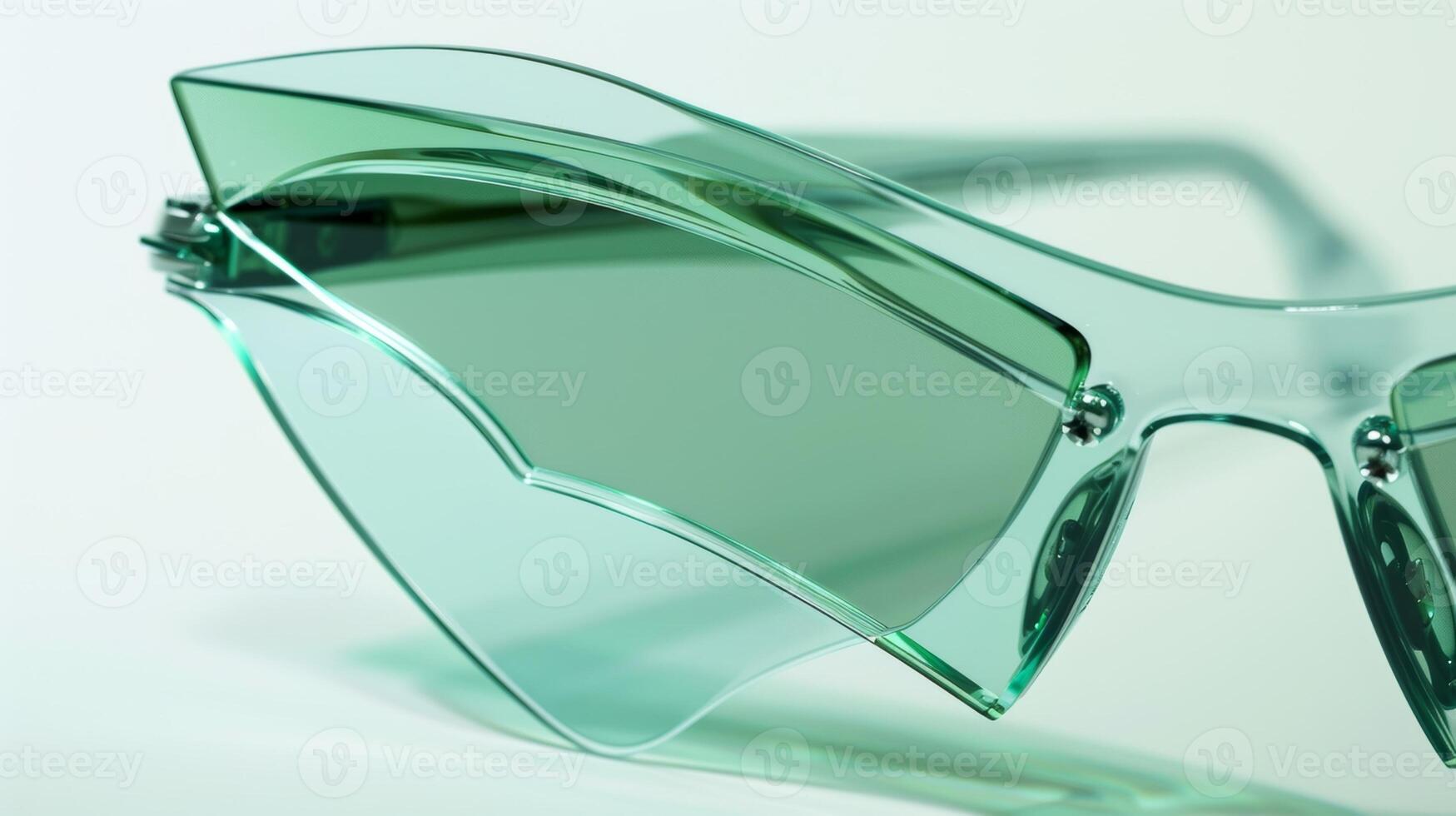 These smart sunglasses have a unique shape with the lenses extending beyond the edges of the frames. The lenses themselves are a vibrant green while the frames are a shiny silver wit photo