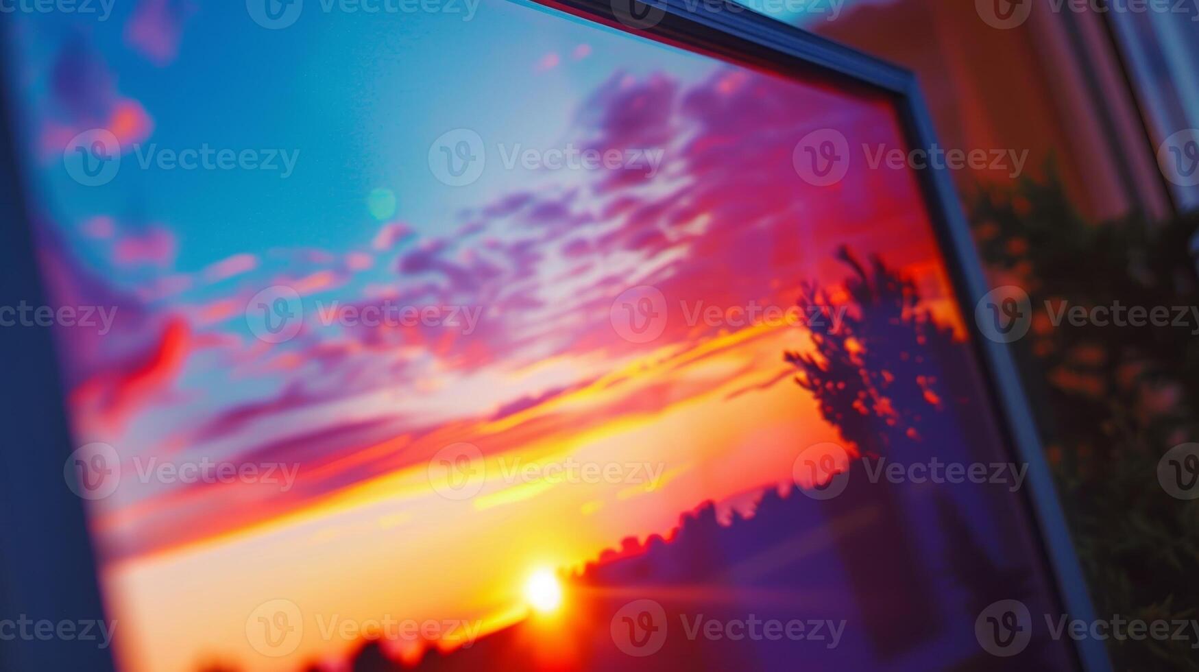 An angled closeup of a digital picture frame capturing the reflection of a vibrant sunset photo on its high resolution screen