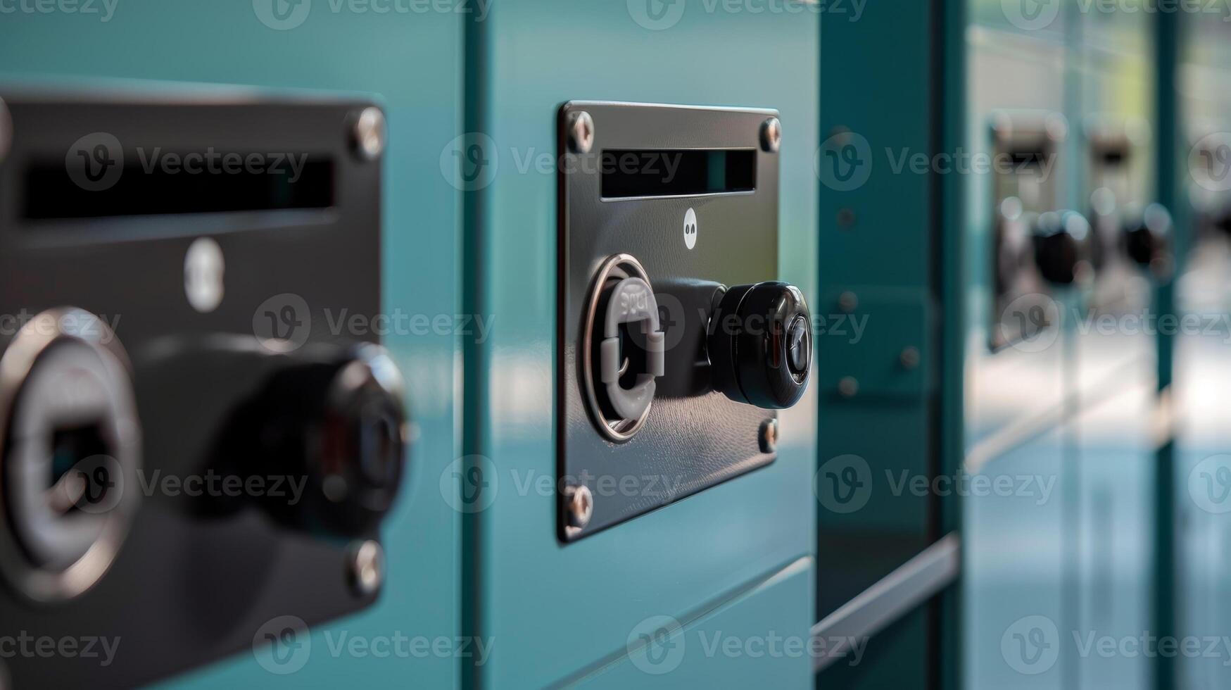 The simple yet effective design of the smart lockers locking mechanism is captured in a closeup with a latch and lock securing the items inside photo