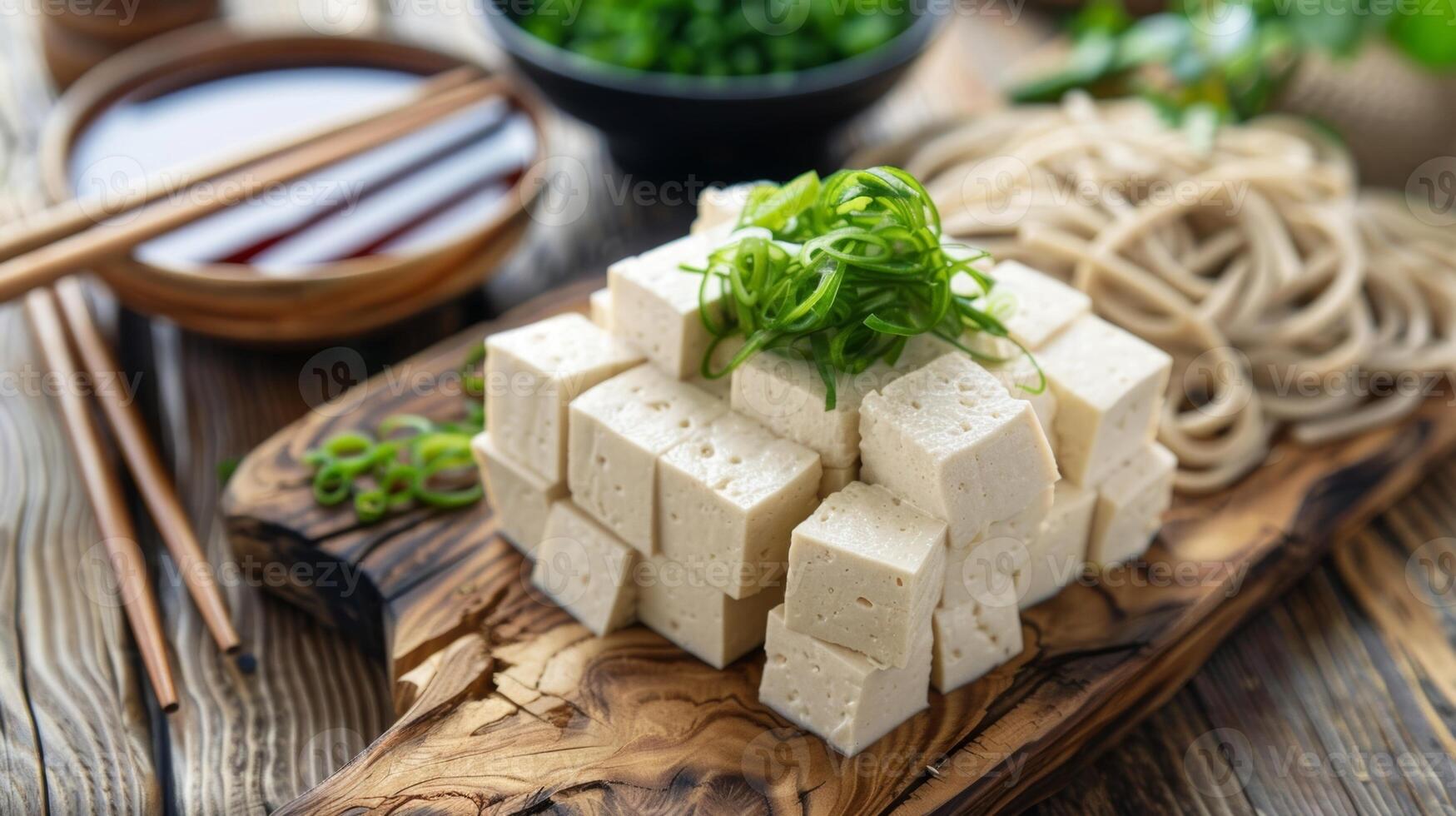 A wooden ting board with neatly stacked slices of tofu ready to be added to a dish of soba noodles photo