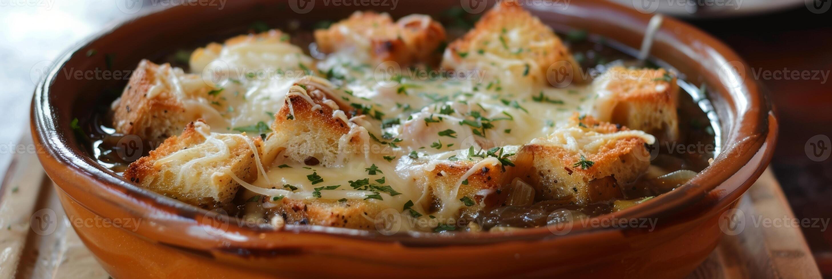 A twist on traditional French onion soup with buckwheat croutons and melted Gruyere cheese photo