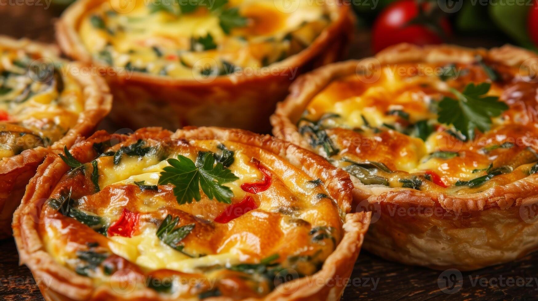 Savory quiches filled with herbs vegetables and gooey melted cheese photo