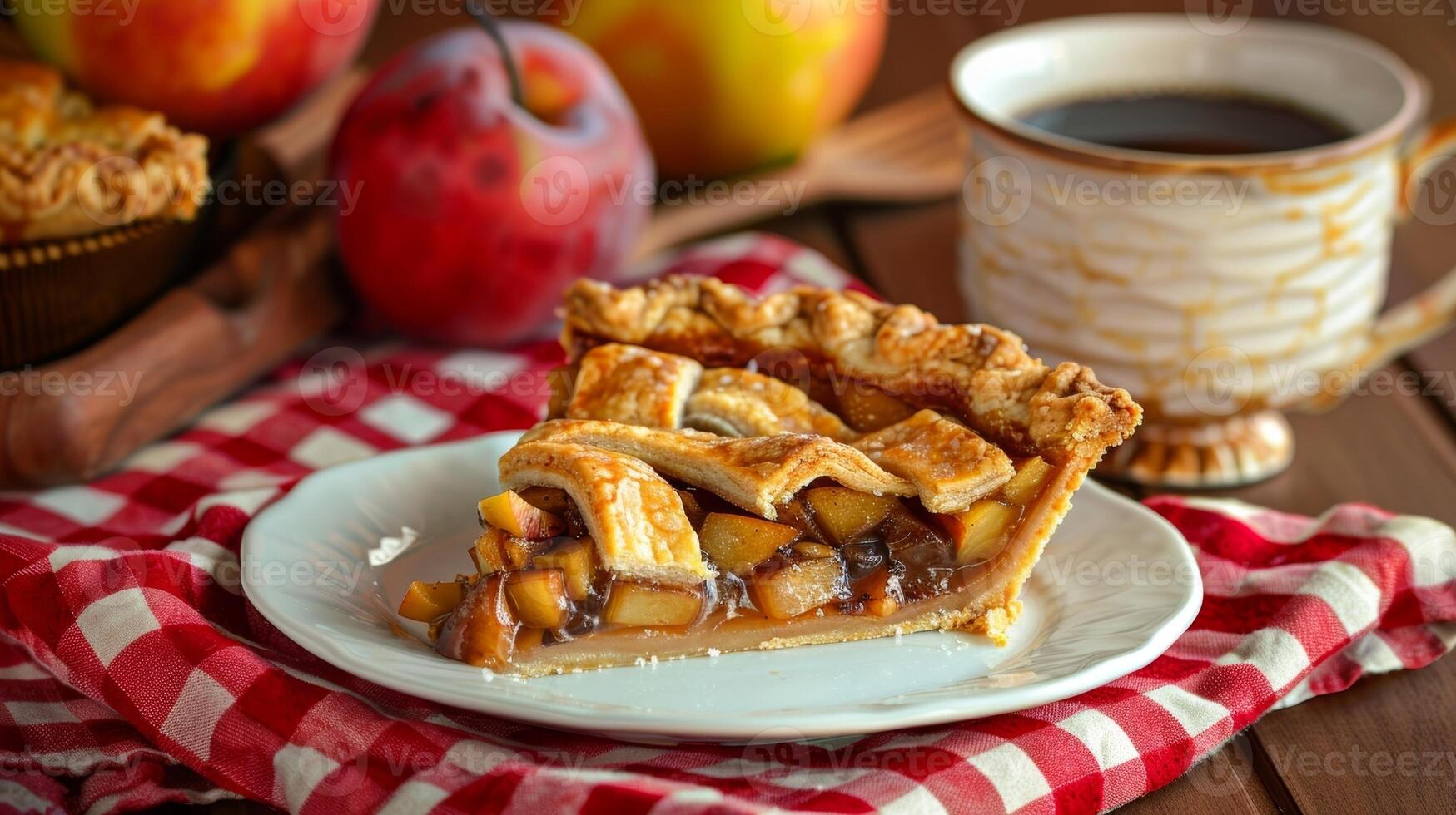 A slice of homemade pie filled with a mixture of wild apples pears and plums sits atop a red checkered cloth ready to be enjoyed with a cup of freshly brewed coffee photo