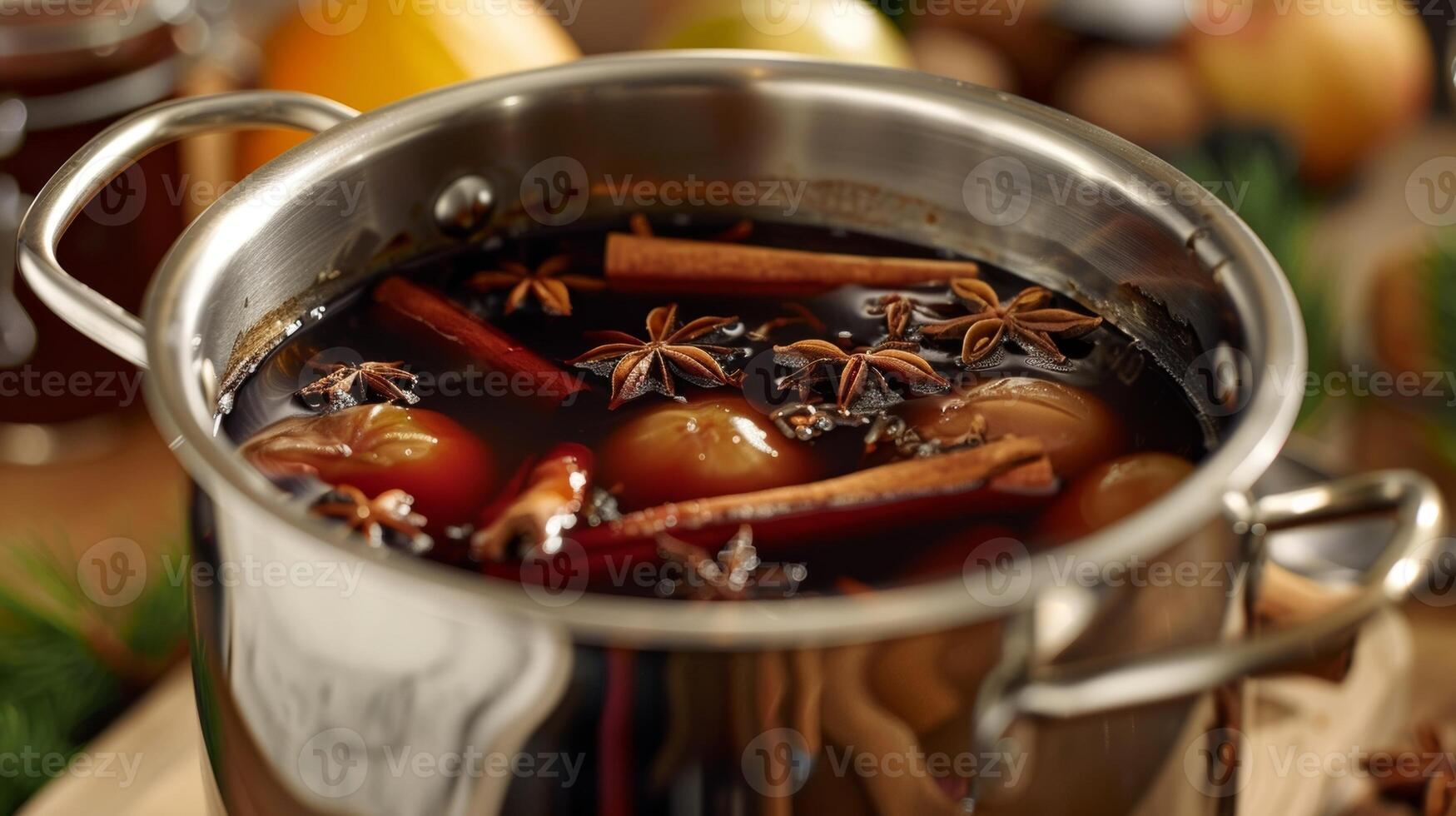 A large pot of mulled wine filled with warm es like cinnamon cloves and nutmeg perfect for sipping on a chilly autumn evening photo
