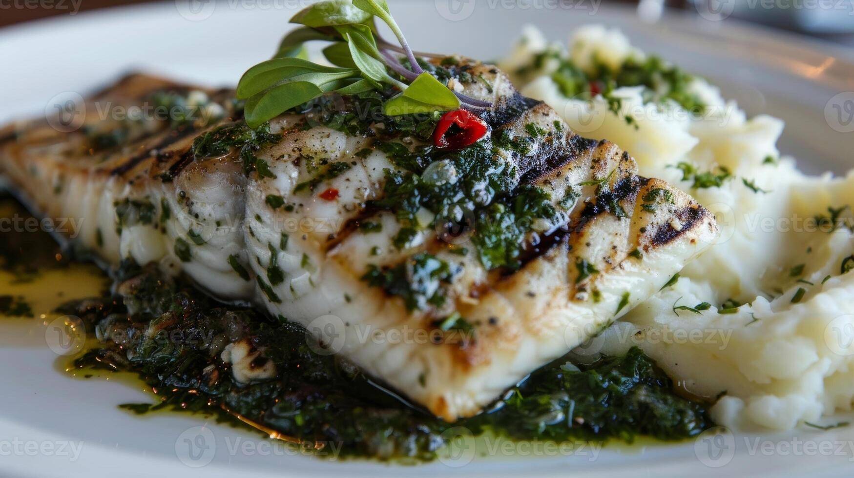 A plate of grilled fish topped with a flavorful wild herb sauce and a side of herbinfused mashed potatoes photo