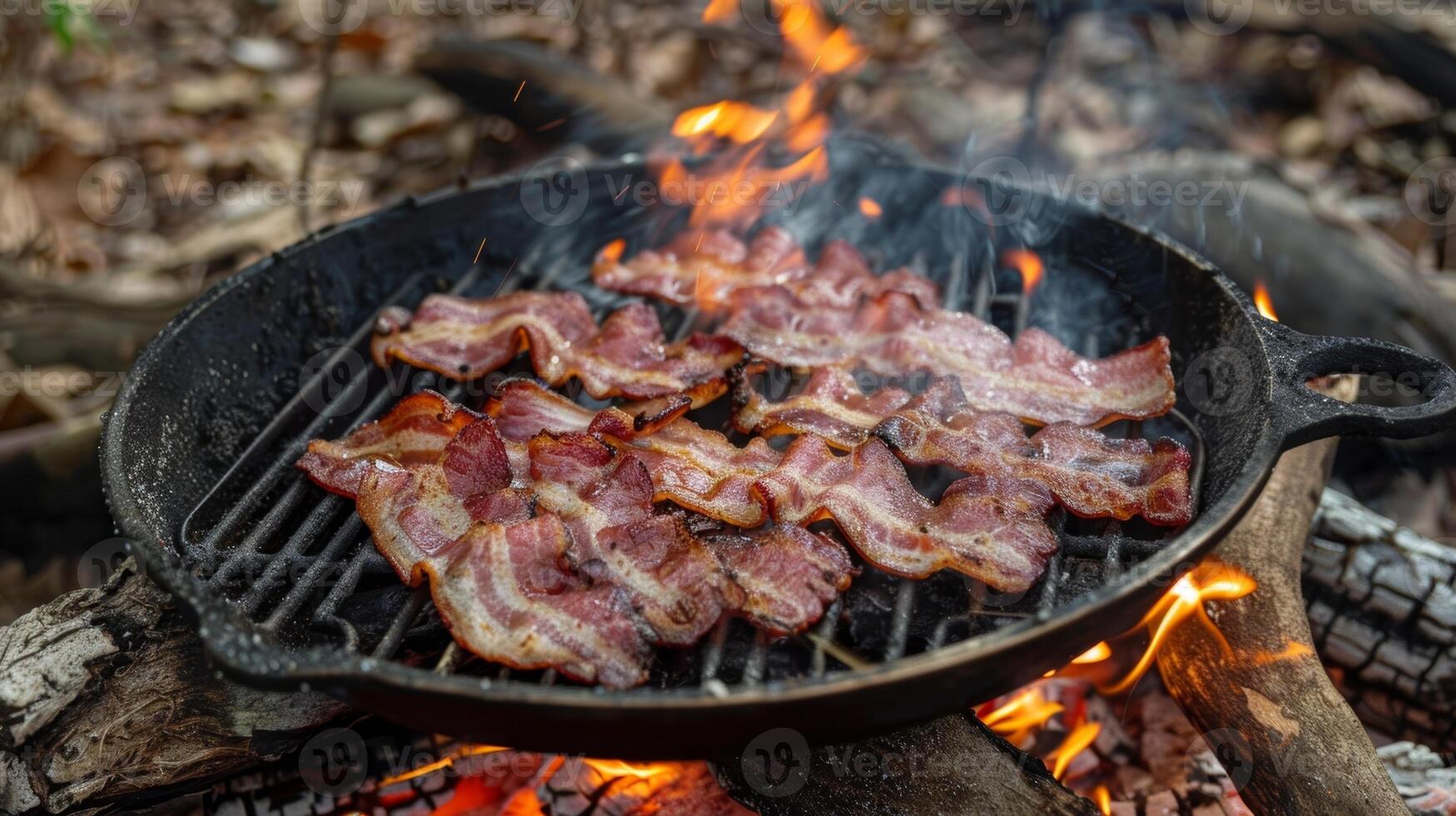 The sound of sizzling bacon fills the campsite as it slowly crisps over an open fire photo