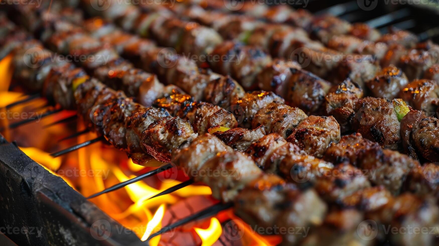 Plump and juicy kebabs are carefully arranged on a metal grate charred and tender from the flames photo