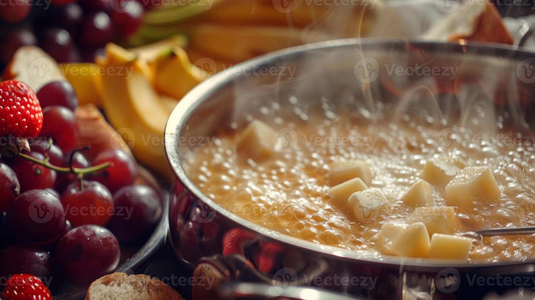 A pot of rich velvety fondue bubbles and steams ready to be dipped with chunks of crusty bread and fresh fruit photo