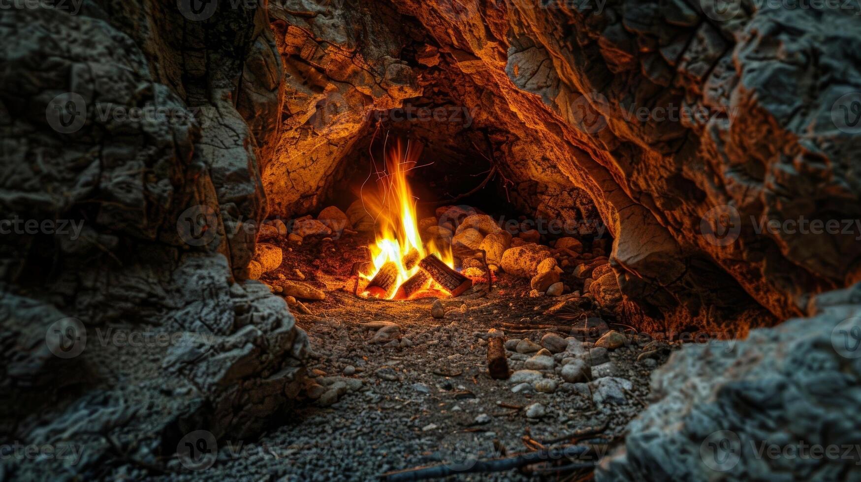 A small fire crackling in the corner of the cave providing a cozy atmosphere and a place to roast marshmallows for smores photo