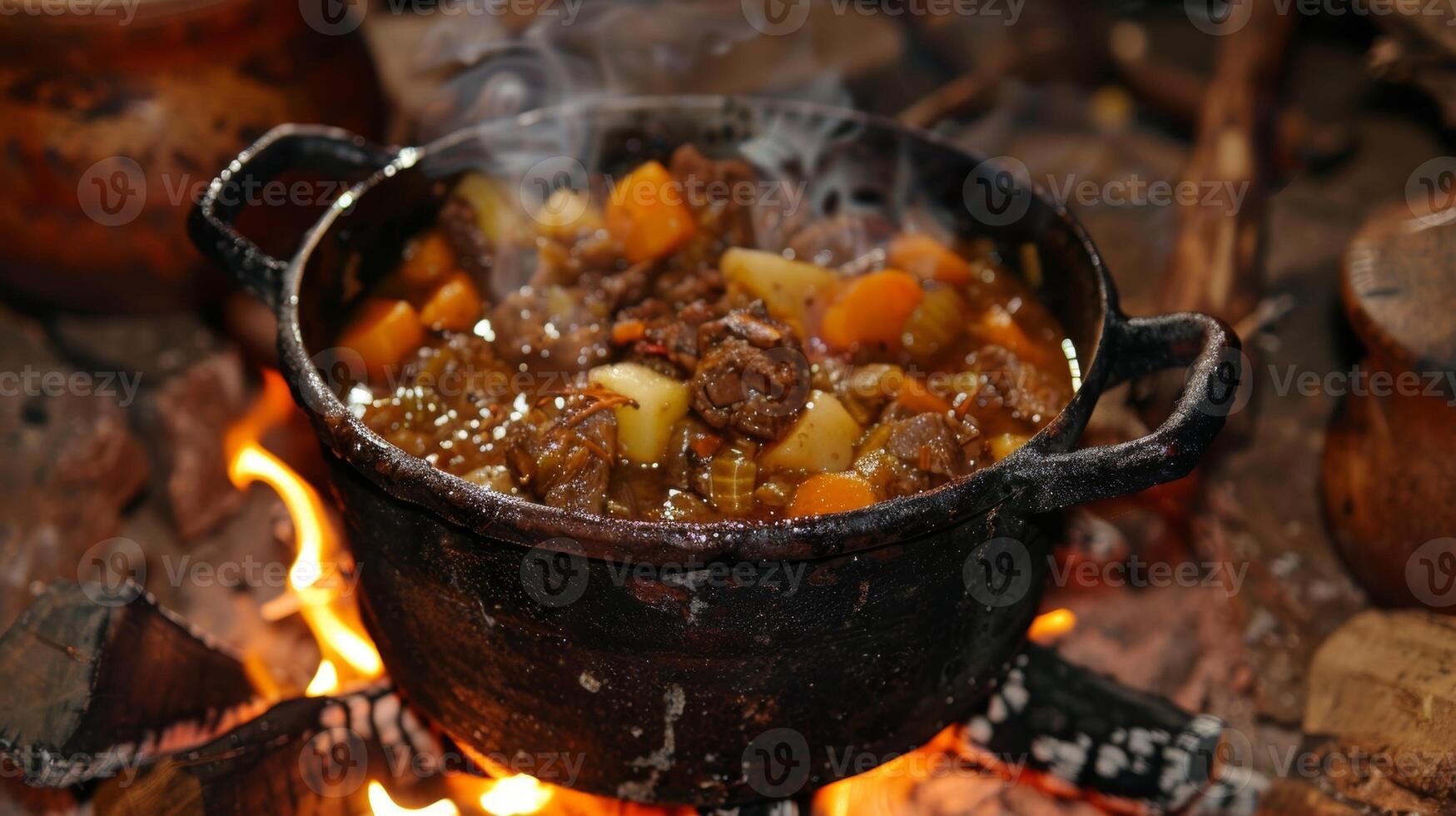 A pot bubbling over the fire filled with a hearty stew made from wild game and root vegetables foraged from the land photo