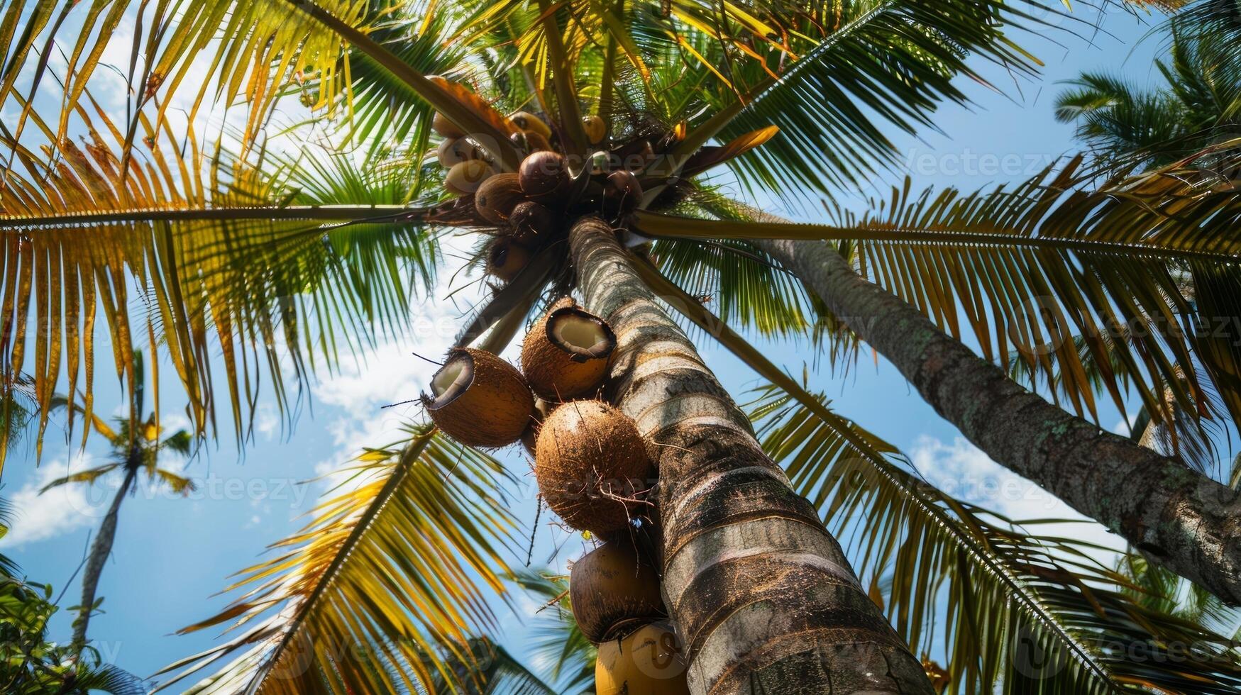 A person carefully balancing on a tree branch reaching out to collect ripe coconuts from the towering palms above photo