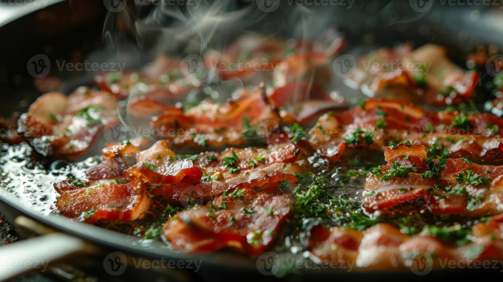A skillet filled with sizzling bacon the aroma of savory herbs and es wafting through the air photo