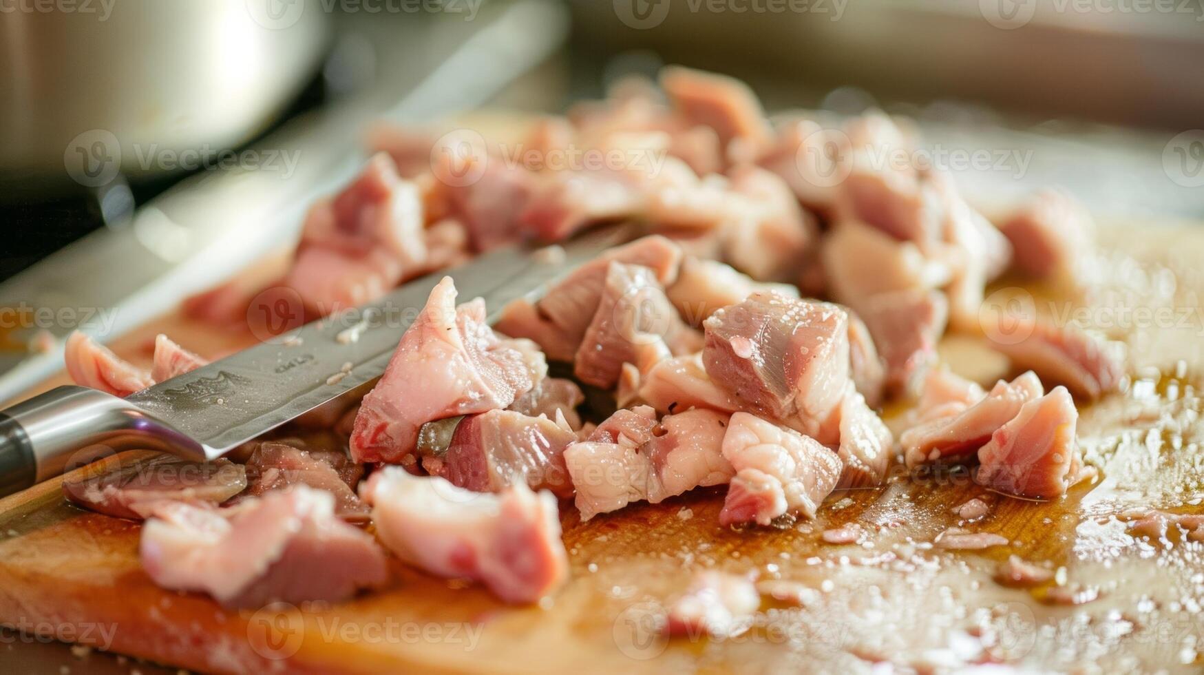 A knife chopping up pieces of rabbit meat on a ting board ready to be added to a stew photo